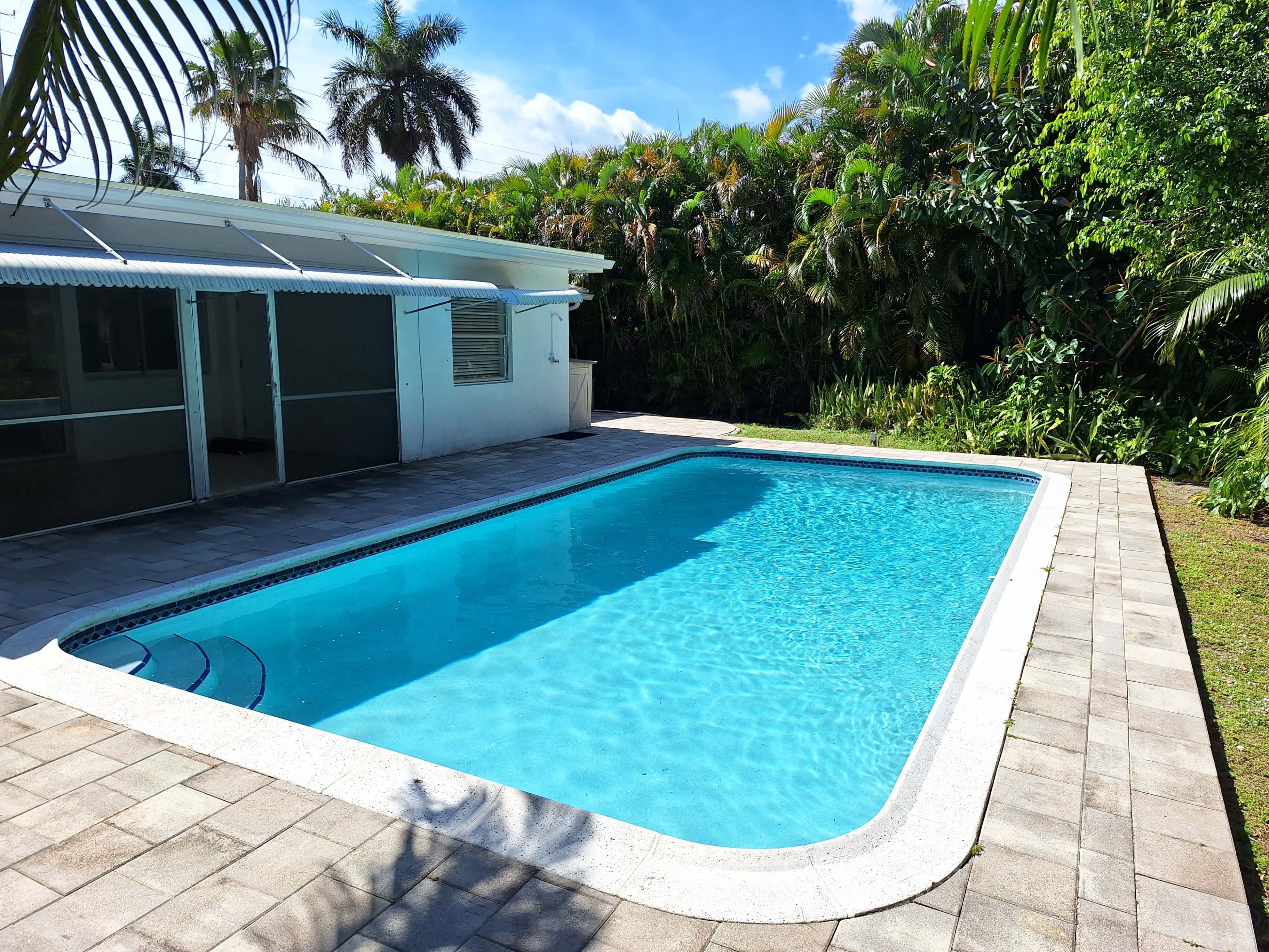 A clear swimming pool surrounded by a stone patio and lush green vegetation.