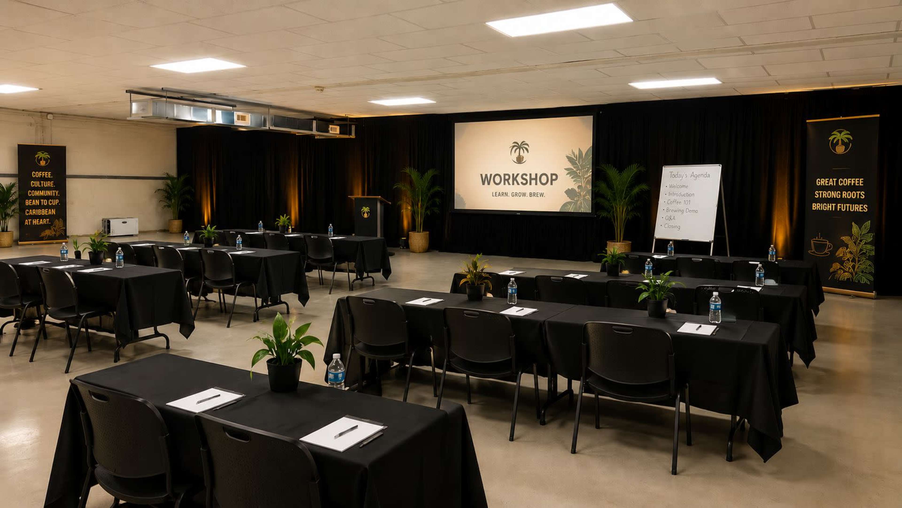 A conference room is set up for a workshop, featuring black tables with plants, water bottles, and a large screen displaying the word "WORKSHOP."