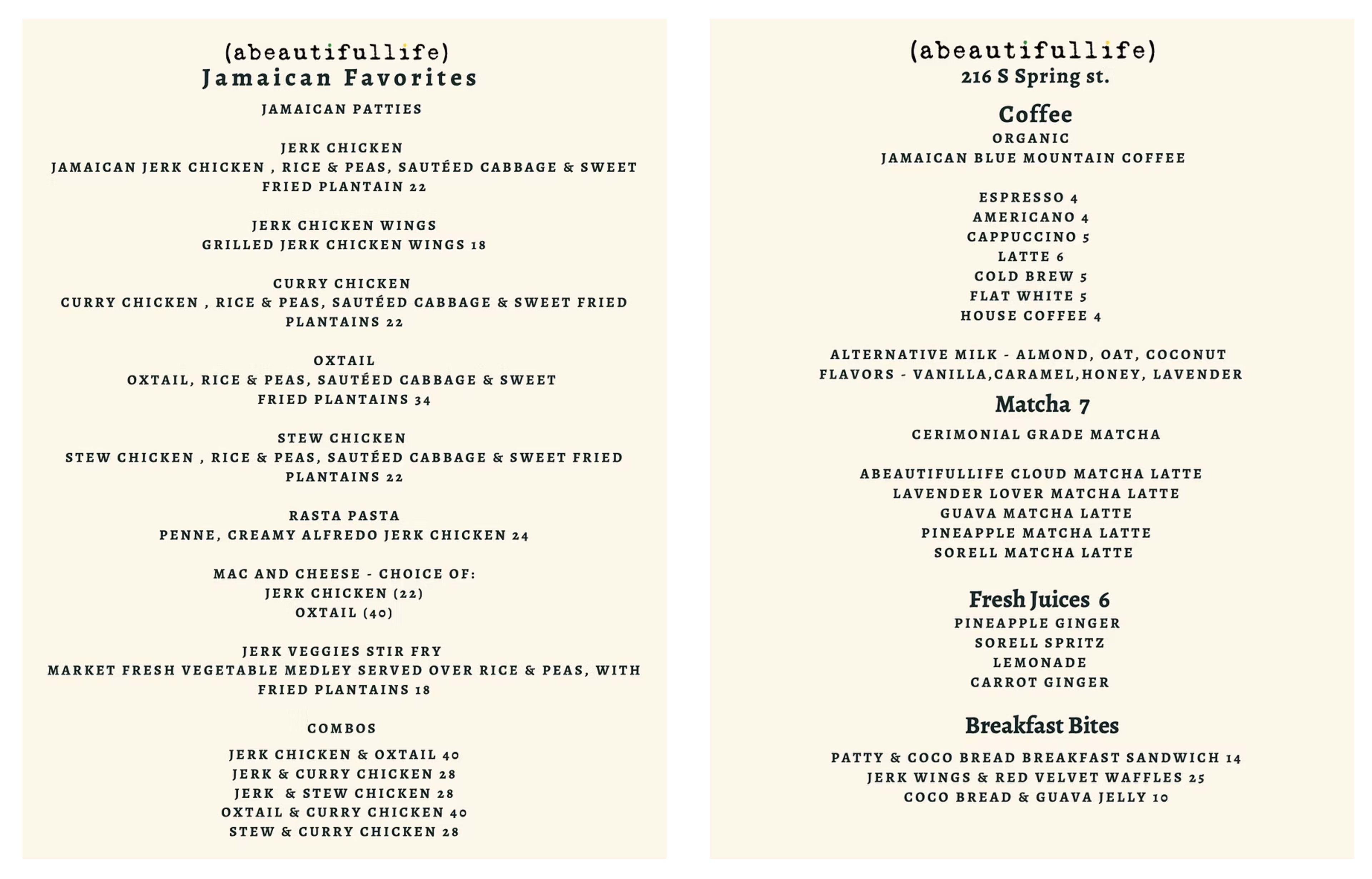 The image displays a menu for a restaurant named "abeautifullife," showcasing Jamaican favorites on one side and coffee and breakfast items on the other.