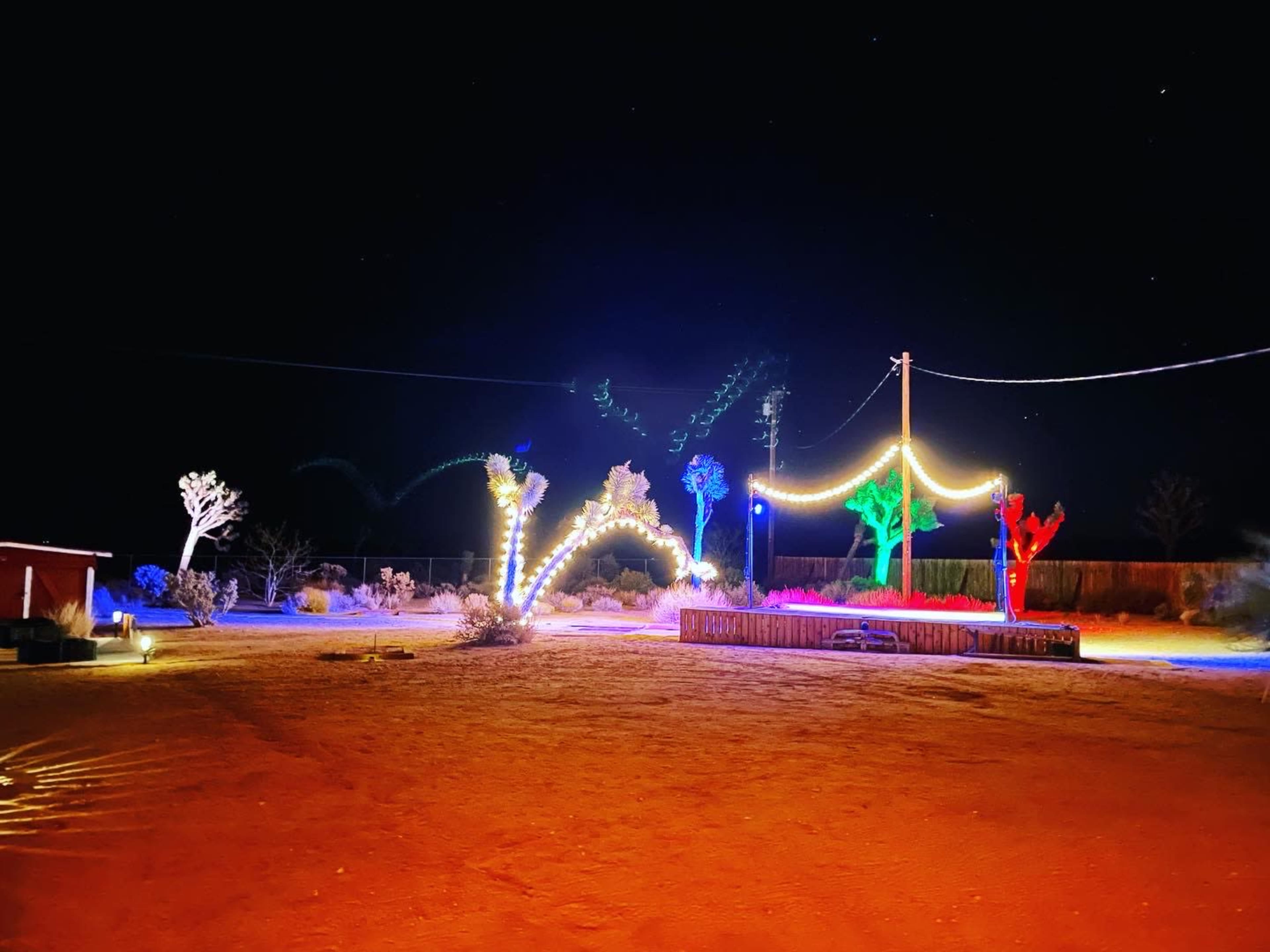 The scene showcases a desert landscape at night, illuminated by colorful lights adorning cacti and a structure.