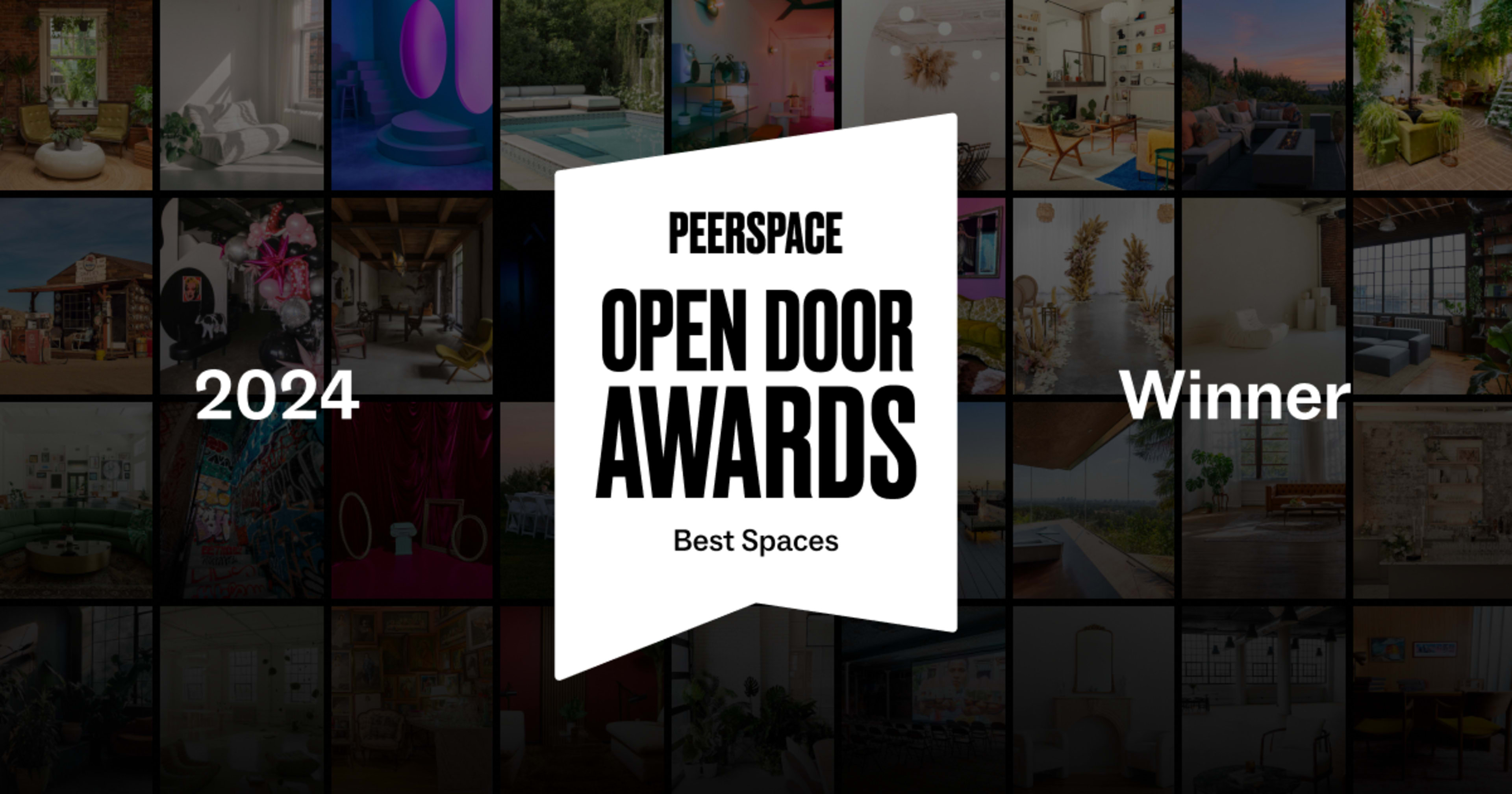 The image features a grid of various interior and exterior spaces alongside a central badge announcing the "2024 Peerspace Open Door Awards Winner" for "Best Spaces."