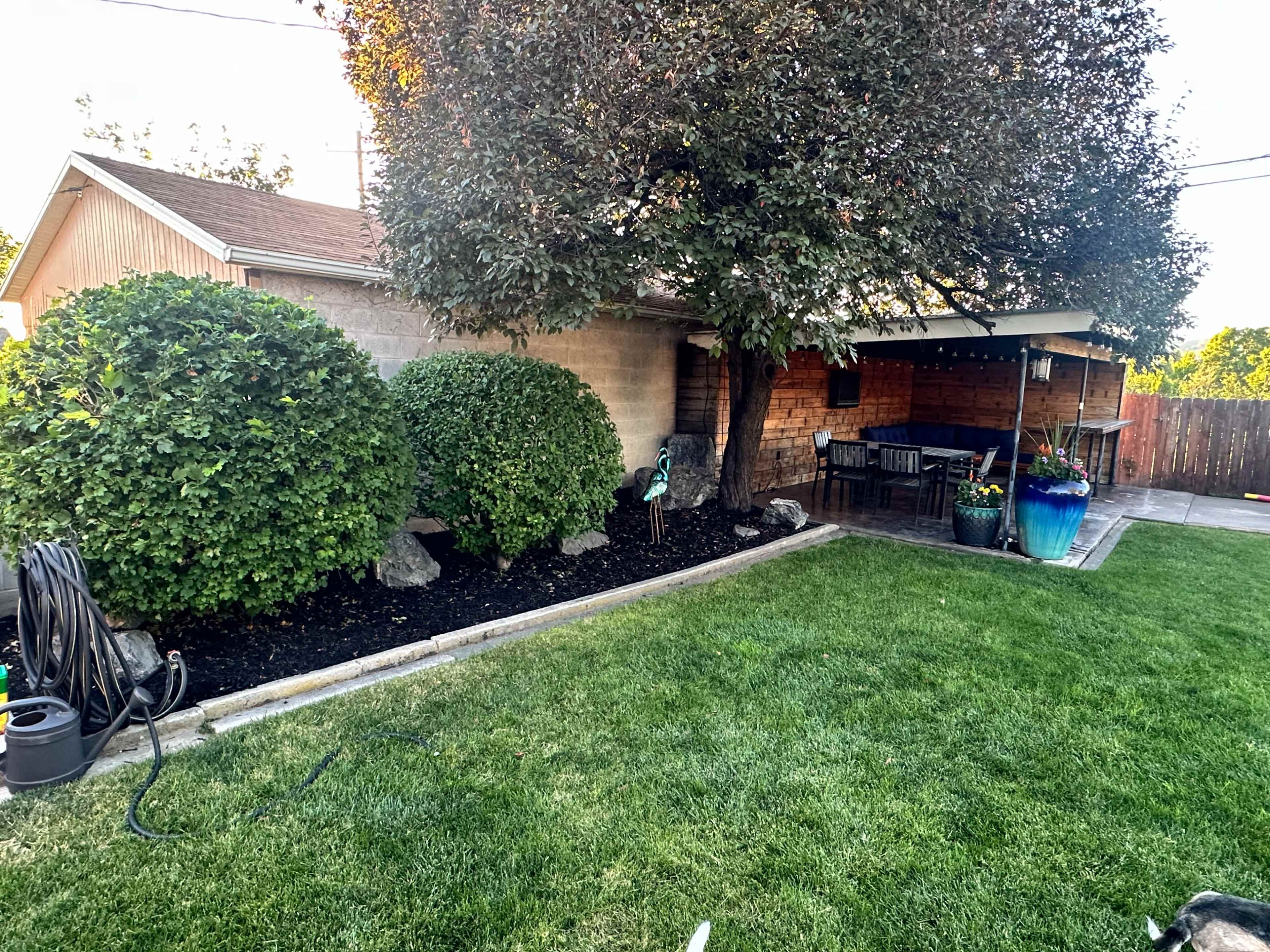 The image shows a backyard with neatly trimmed bushes, a concrete path, a wooden deck, and a lawn area bordered by decorative rocks.