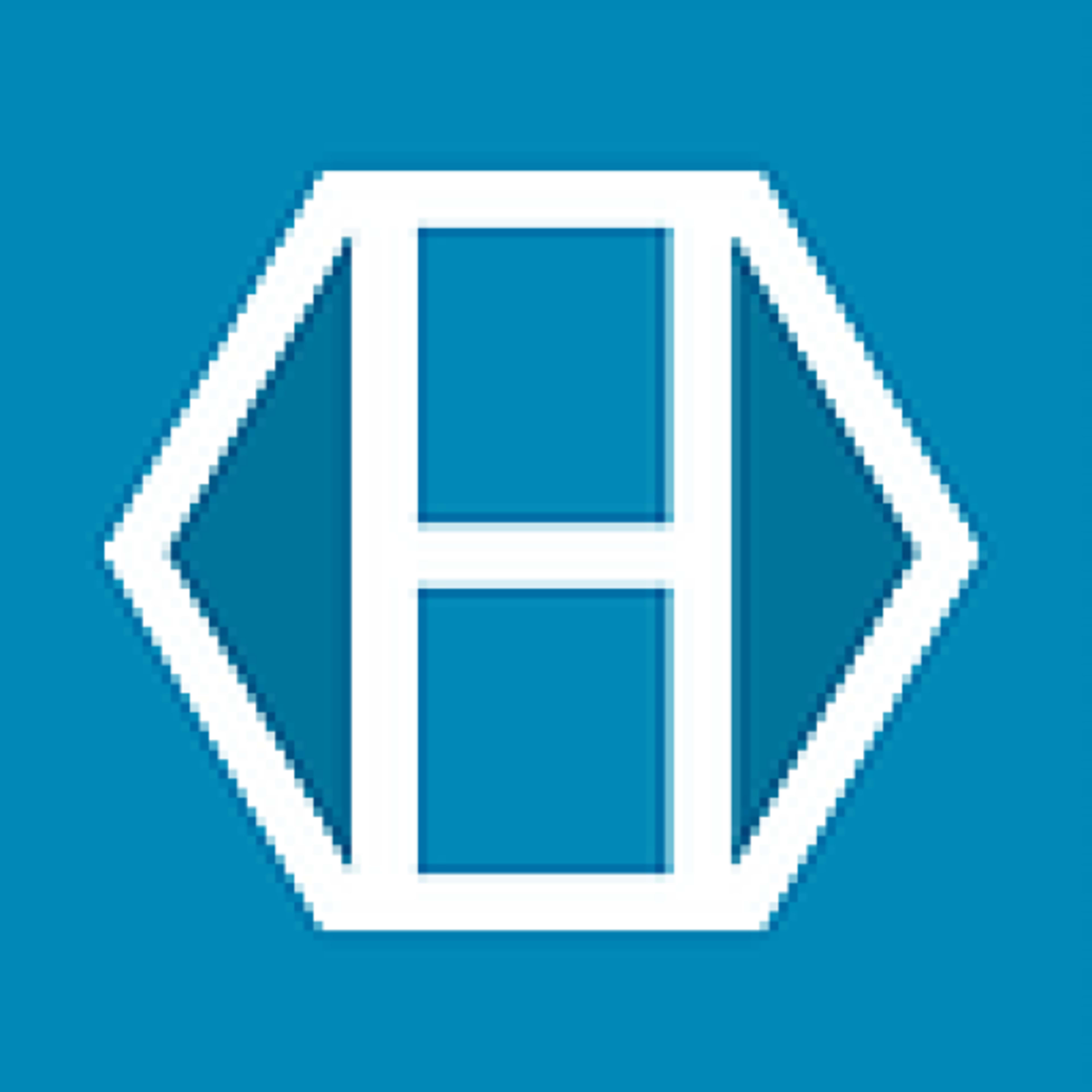 The image features a blue background with a white geometric design resembling a hexagon and an "H" in the center.