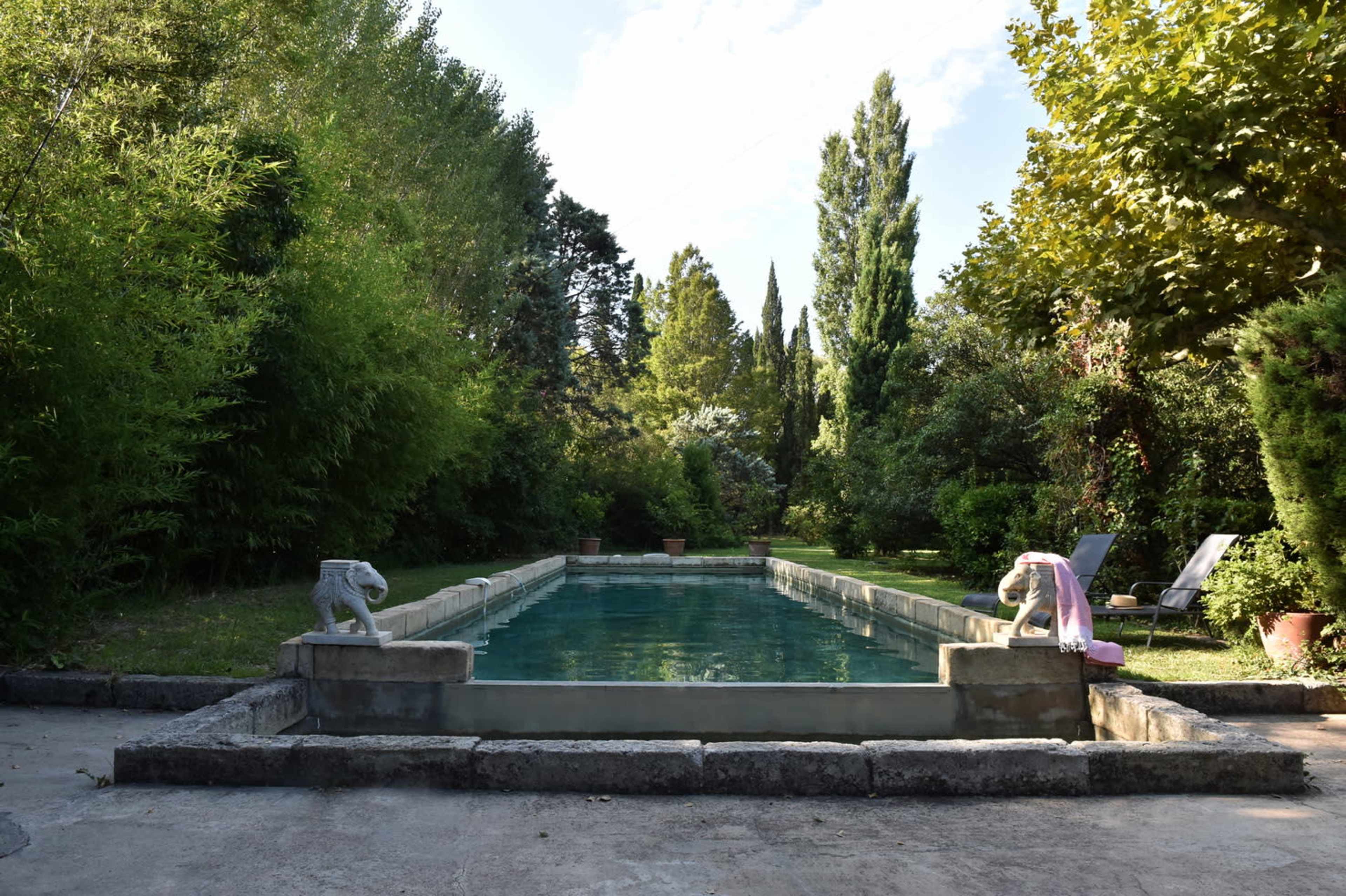 The image shows a rectangular swimming pool surrounded by lush greenery and trees, with two stone lion sculptures at the pool's ends.