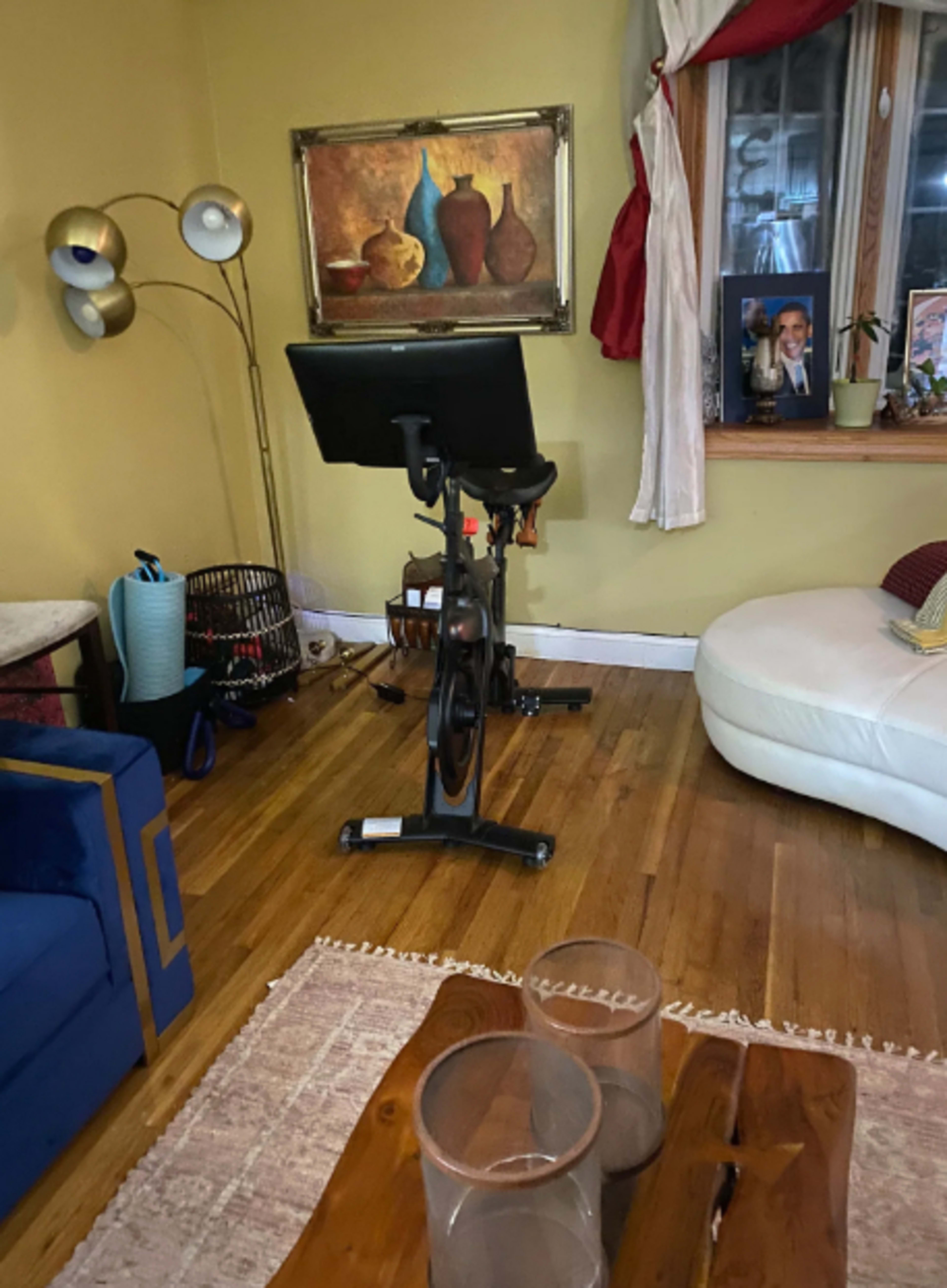 A stationary bike is positioned in a living room with wooden flooring and decorative furnishings.