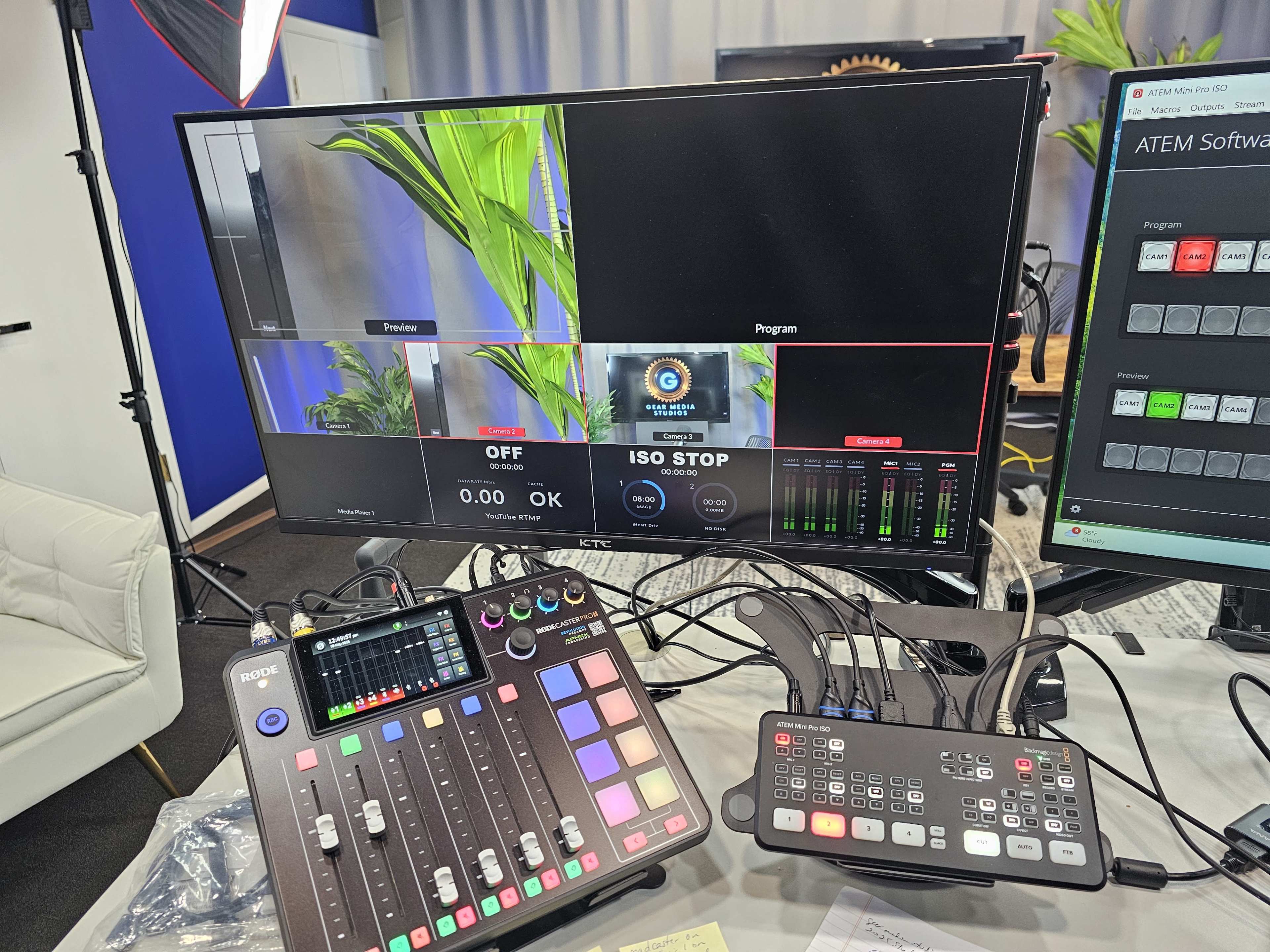 The image shows a broadcast setup with multiple screens displaying camera views, a control panel with sliders and buttons, and various cables connected on a desk.