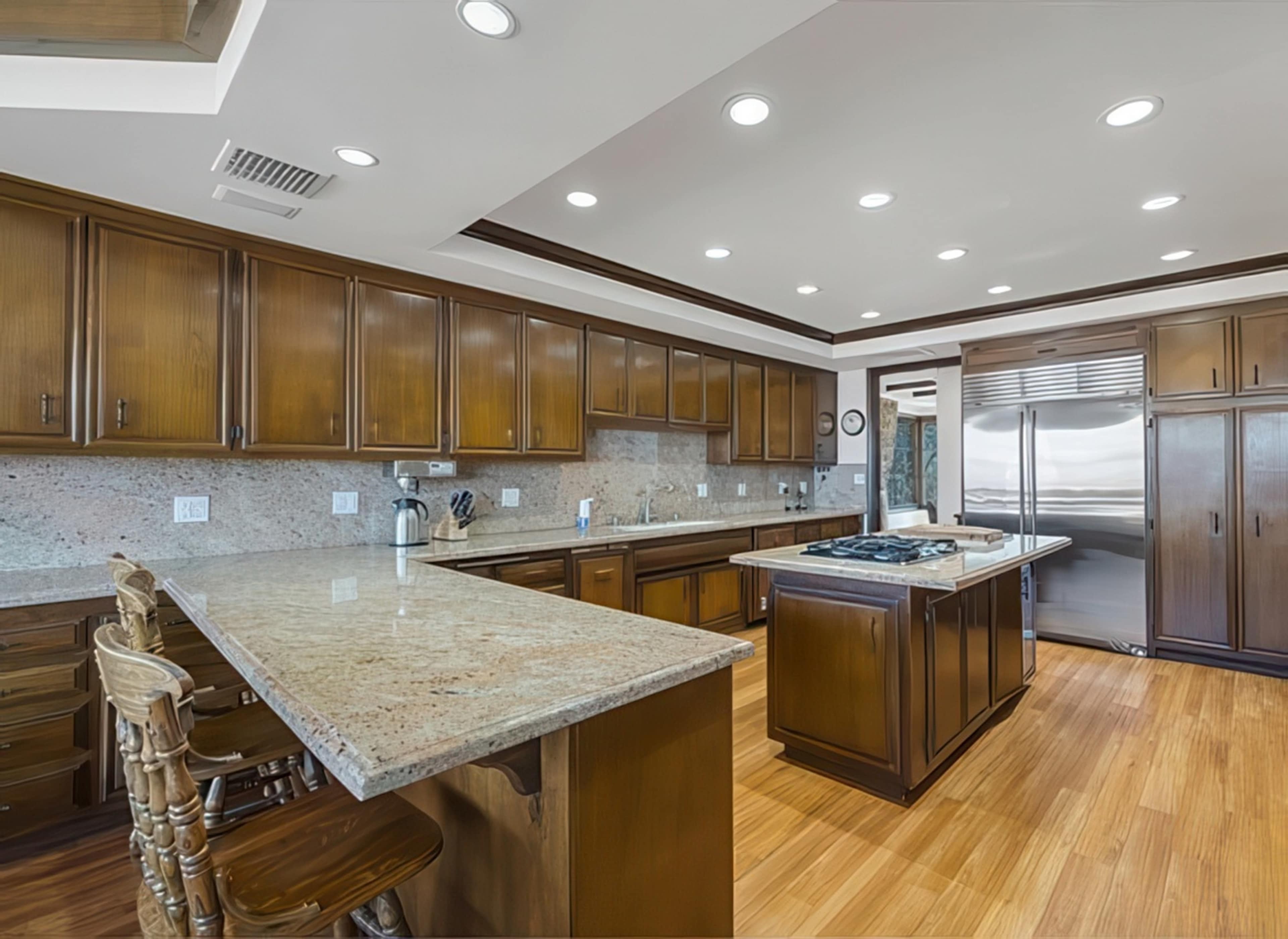 The kitchen features wooden cabinets, a central island with a cooktop, and stainless steel appliances.