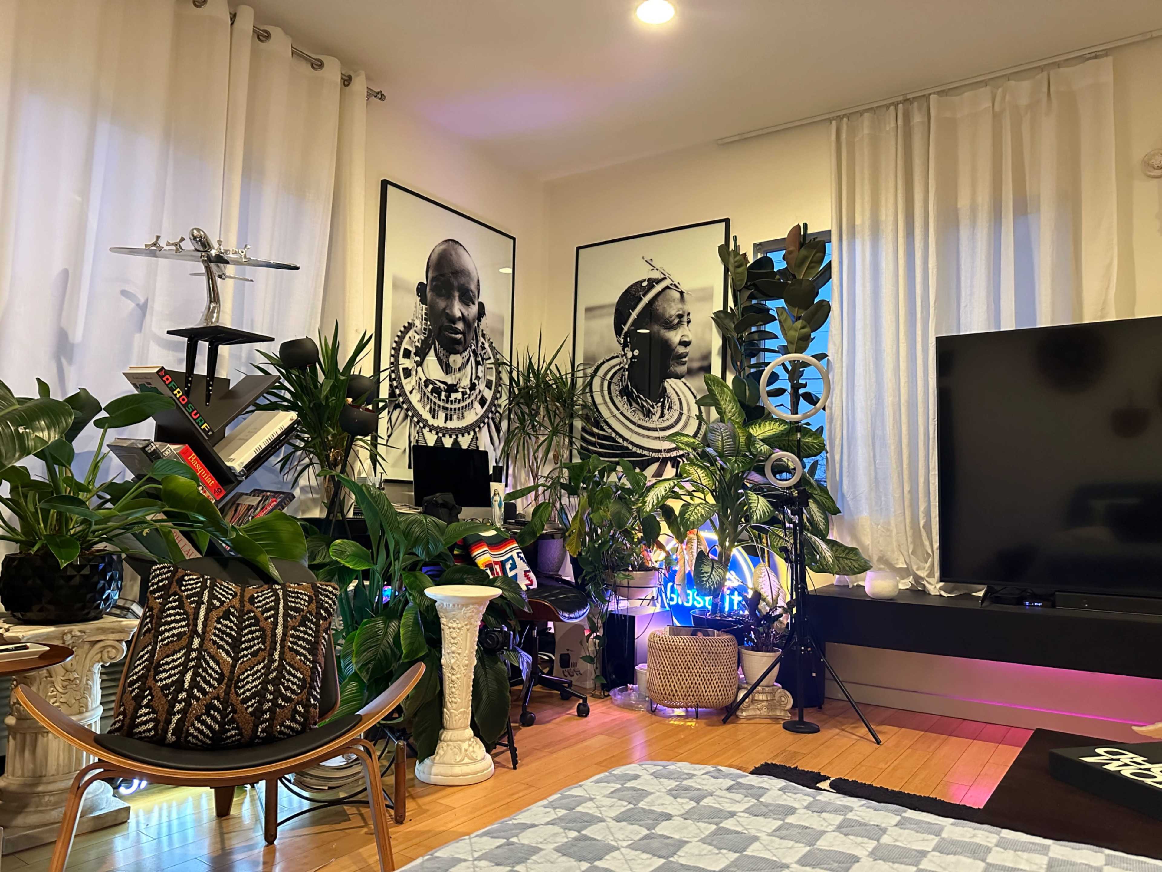 The room features two large black-and-white portraits on the walls, surrounded by various indoor plants and a large television, creating a lively and visually interesting space.