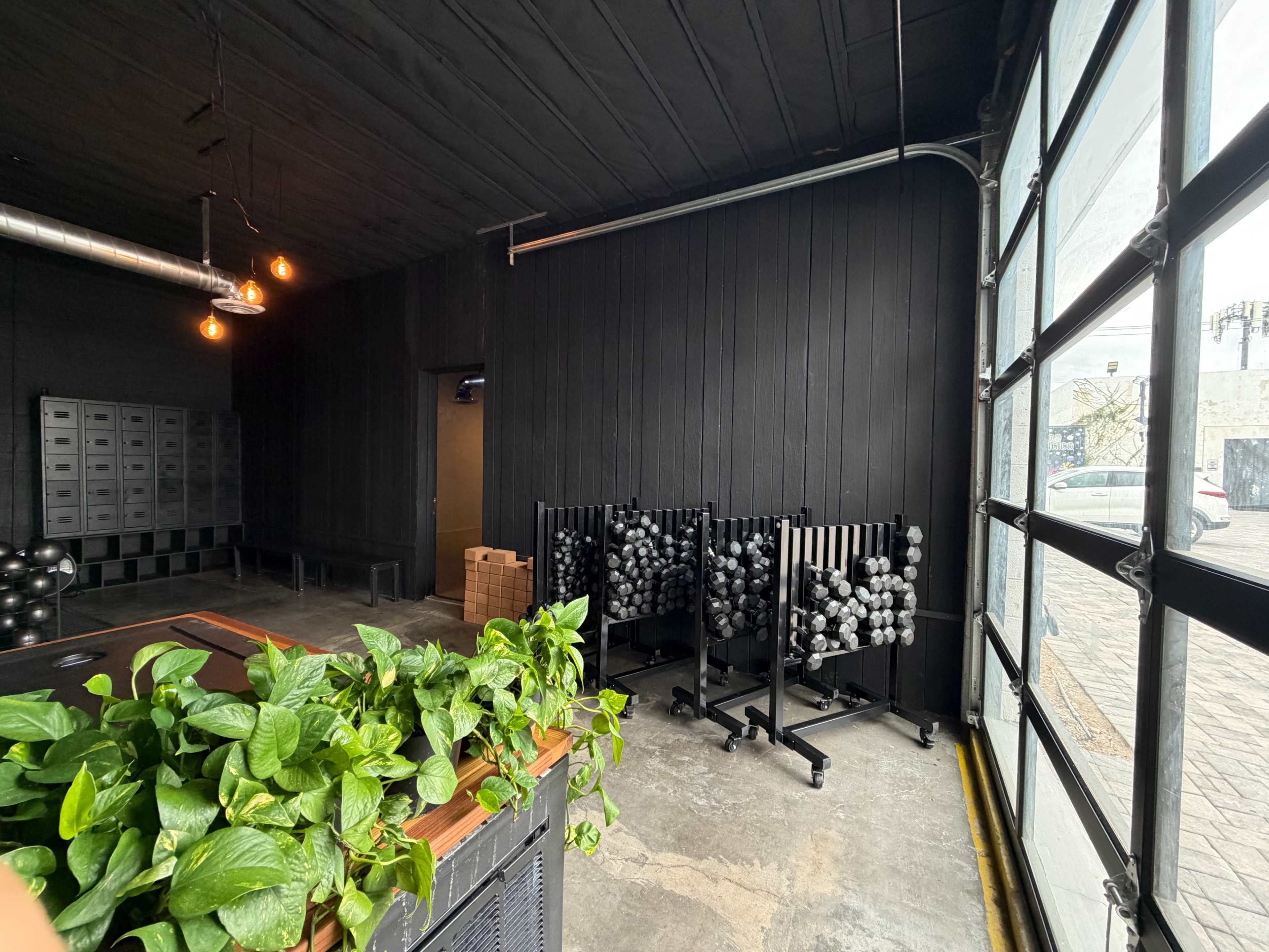 The image shows a darkly painted interior space featuring a plant, storage lockers on one side, a rolling rack with exercise balls, and a large open door leading outside.