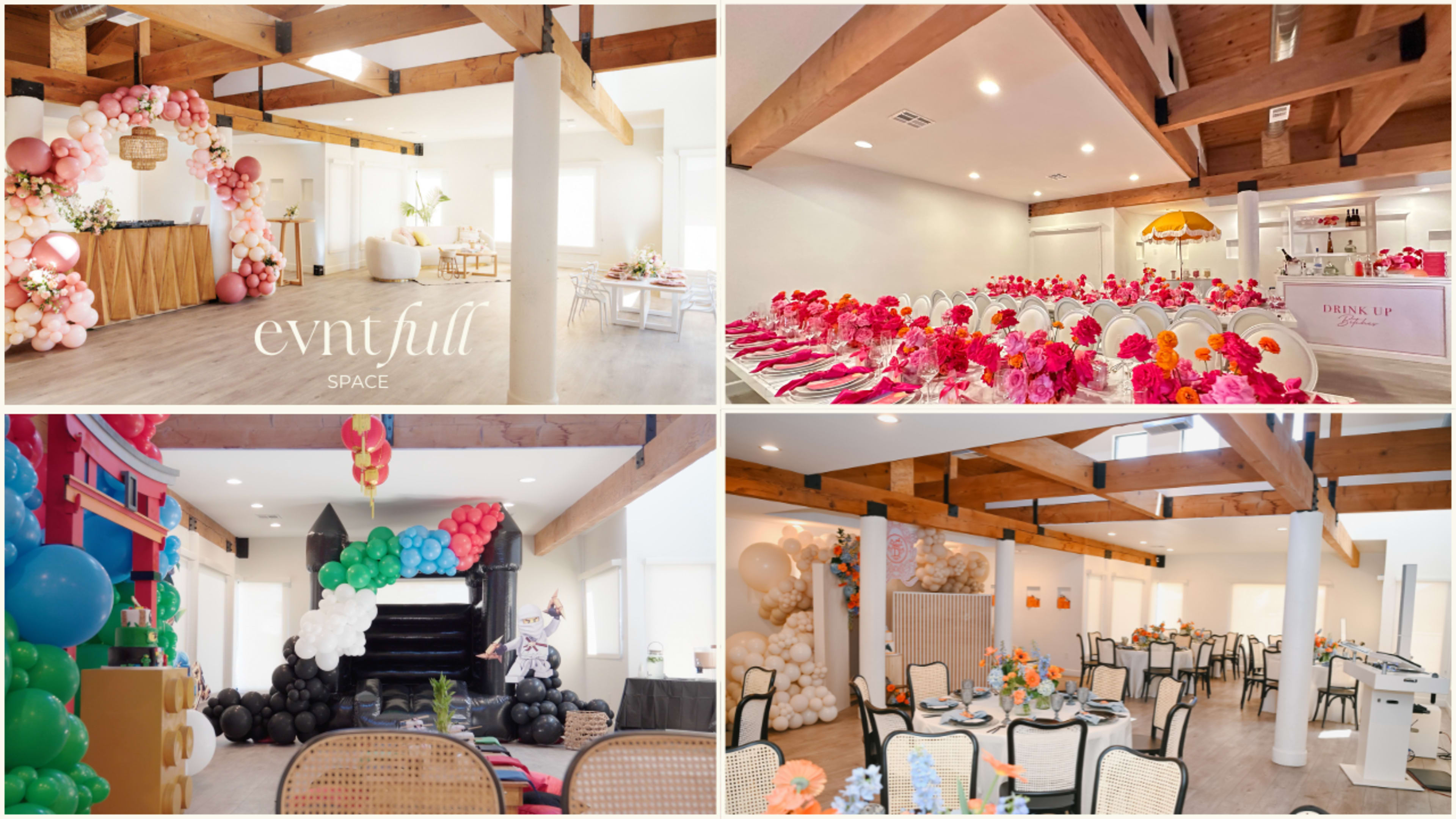 A spacious event venue featuring decorated areas with colorful balloons, elegant seating arrangements, and rows of tables set for a gathering.