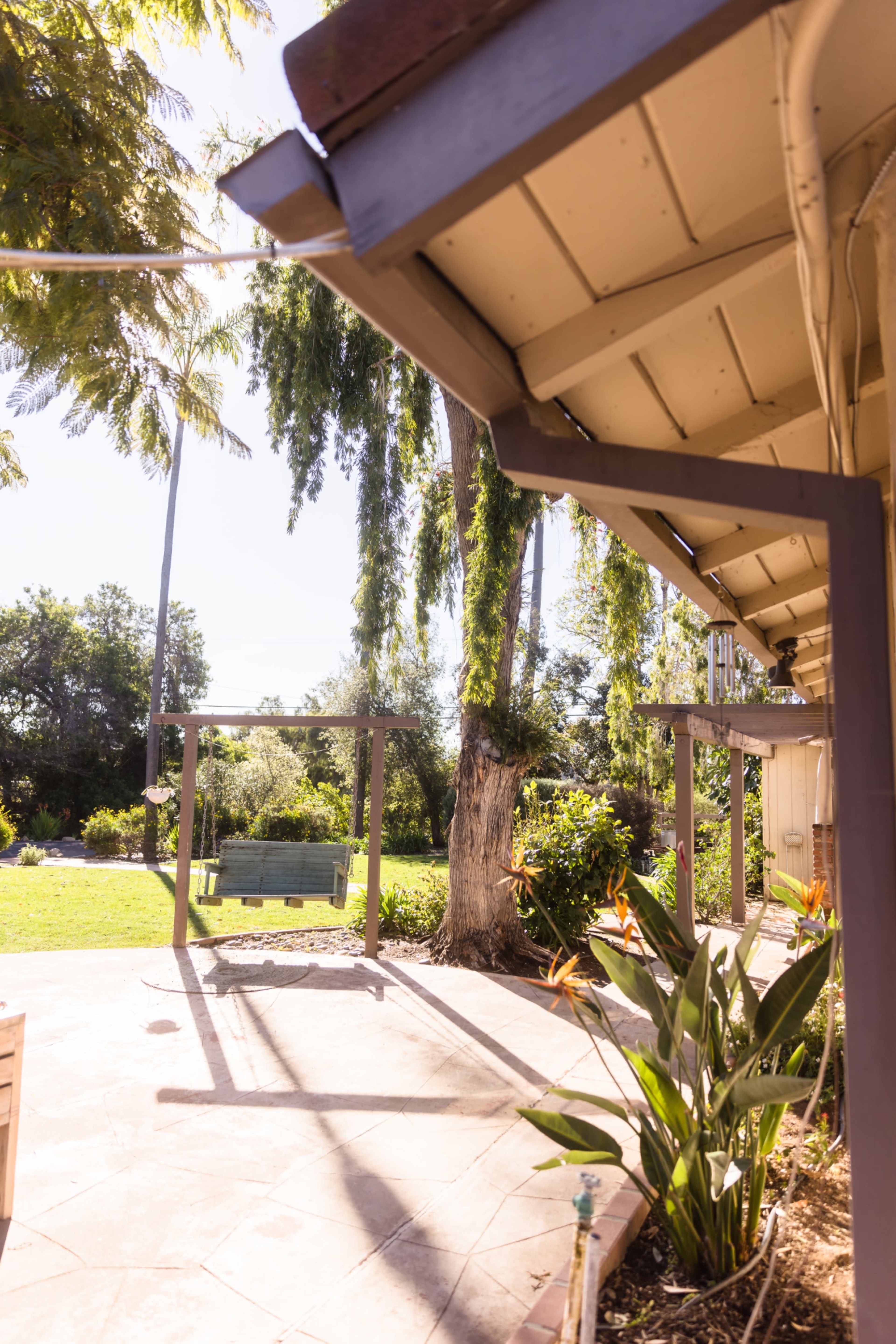 A patio area with a sloped roof, surrounding greenery, and a bench in a sunny garden.
