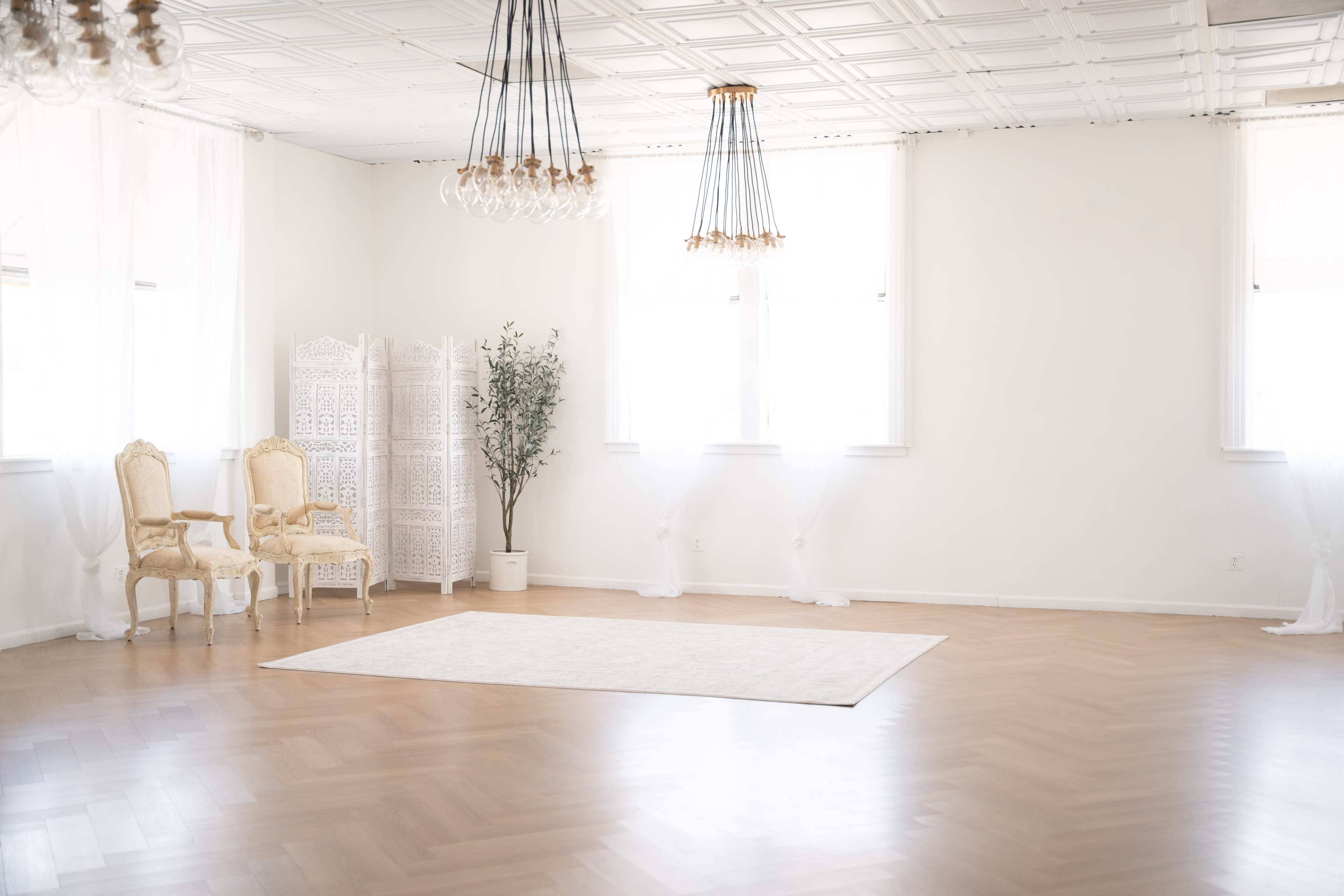 A well-lit, open room features two ornate chairs, a patterned area rug, and a decorative folding screen against the wall.