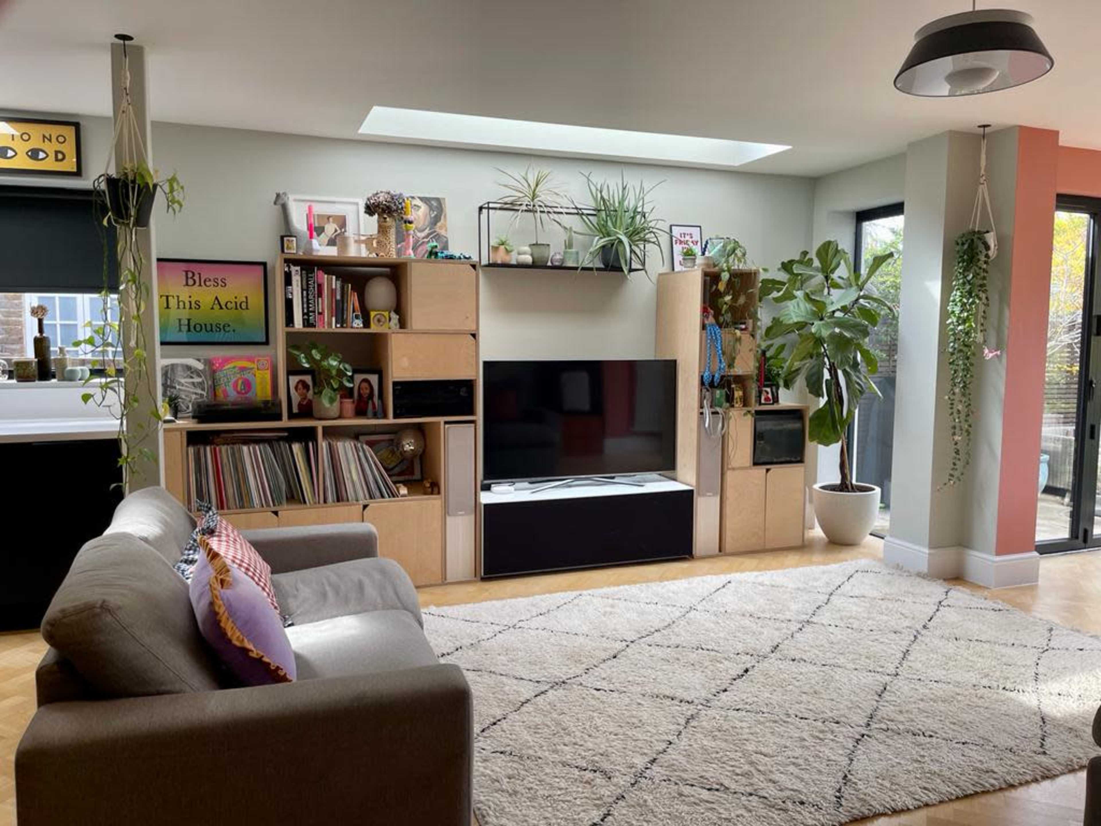 The image shows a contemporary living room featuring a large TV unit, a gray sofa, a rug, and shelves filled with plants, books, and decorative items.