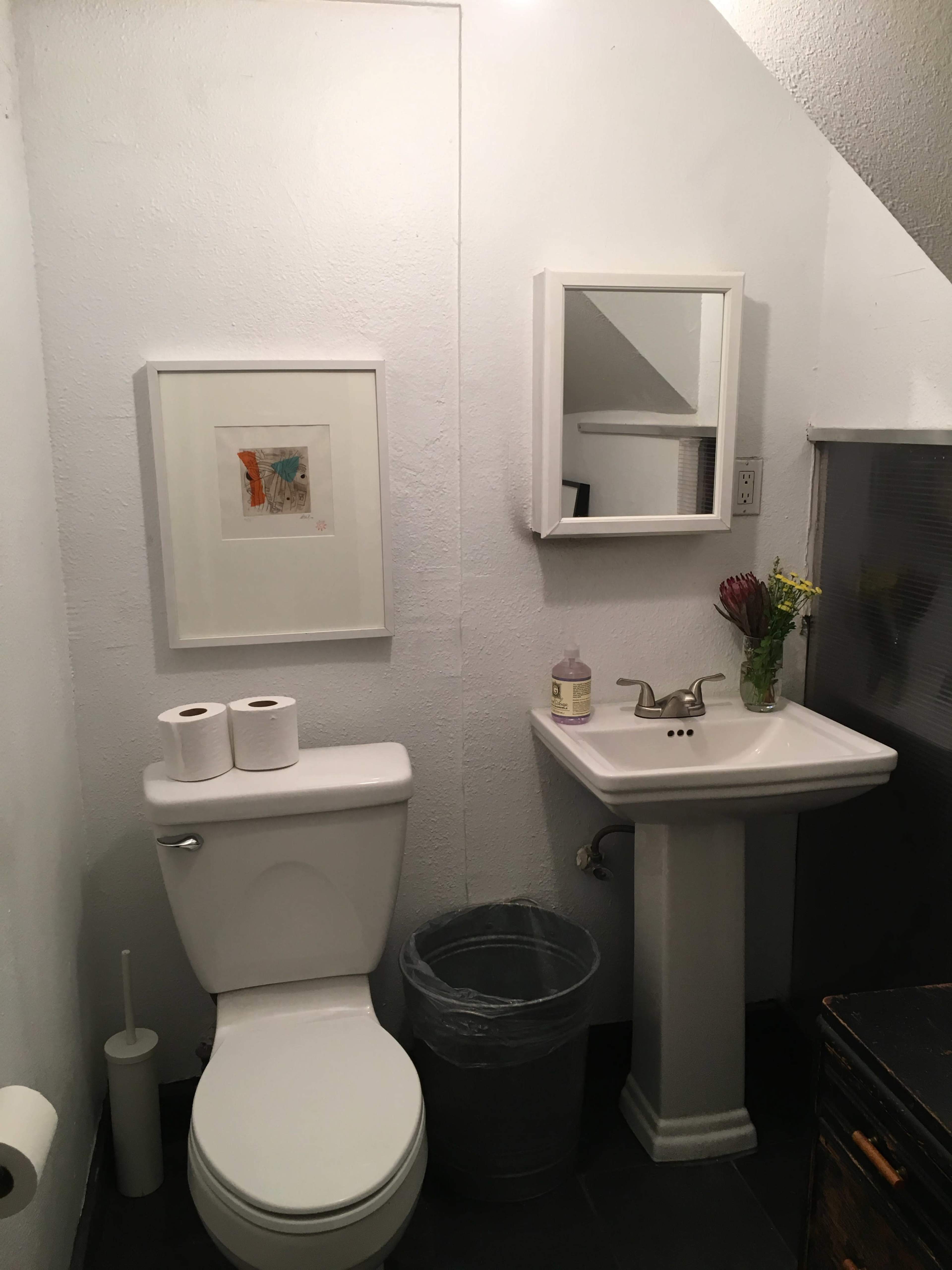 The bathroom features a toilet, a small sink with a mirror above it, a framed piece of art on the wall, and a vase with flowers on the sink.