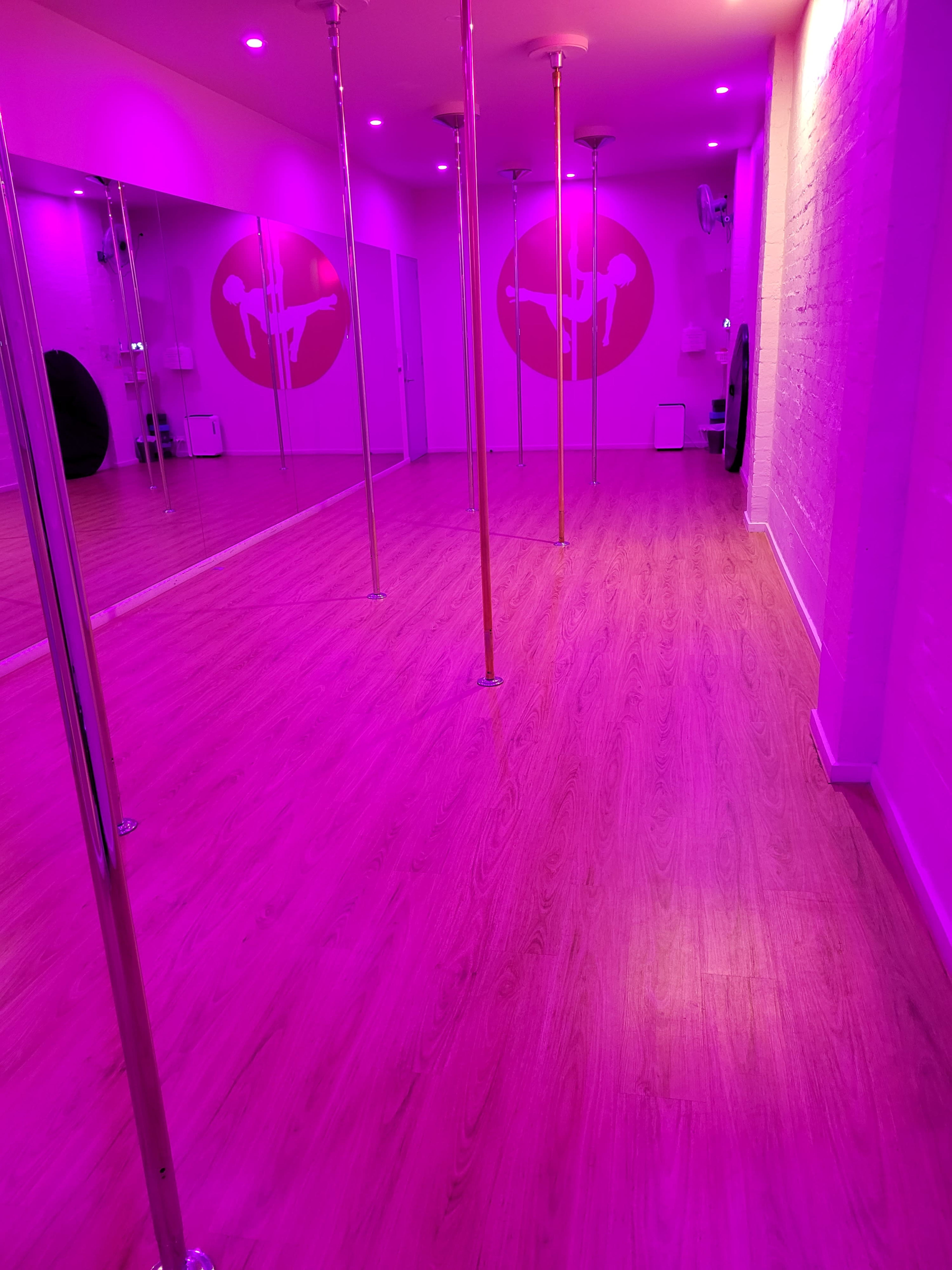 A brightly lit dance studio with pink walls, wooden flooring, and several vertical poles for dancing.
