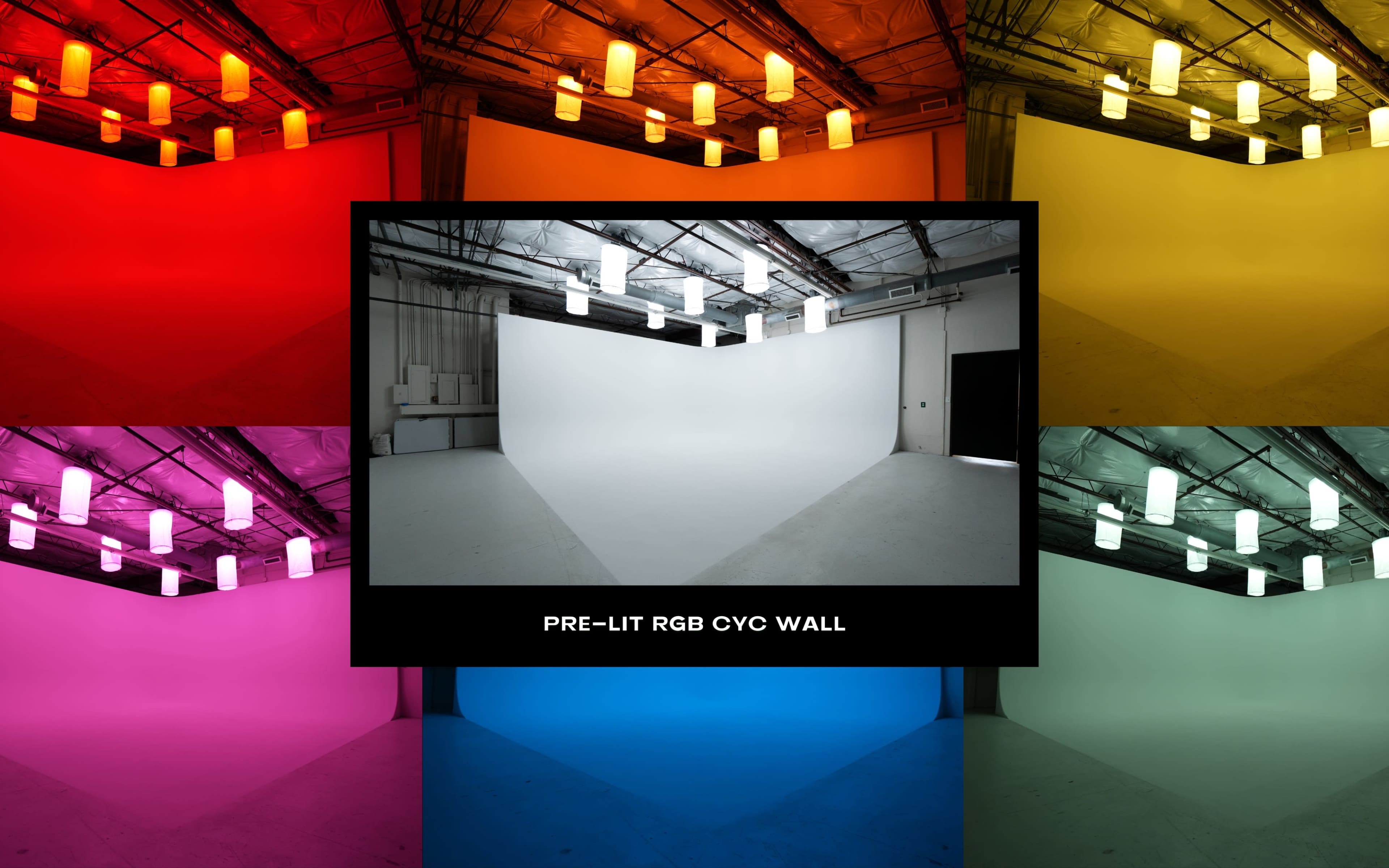 The image shows a large cyc wall with various colored lighting in a studio setting.