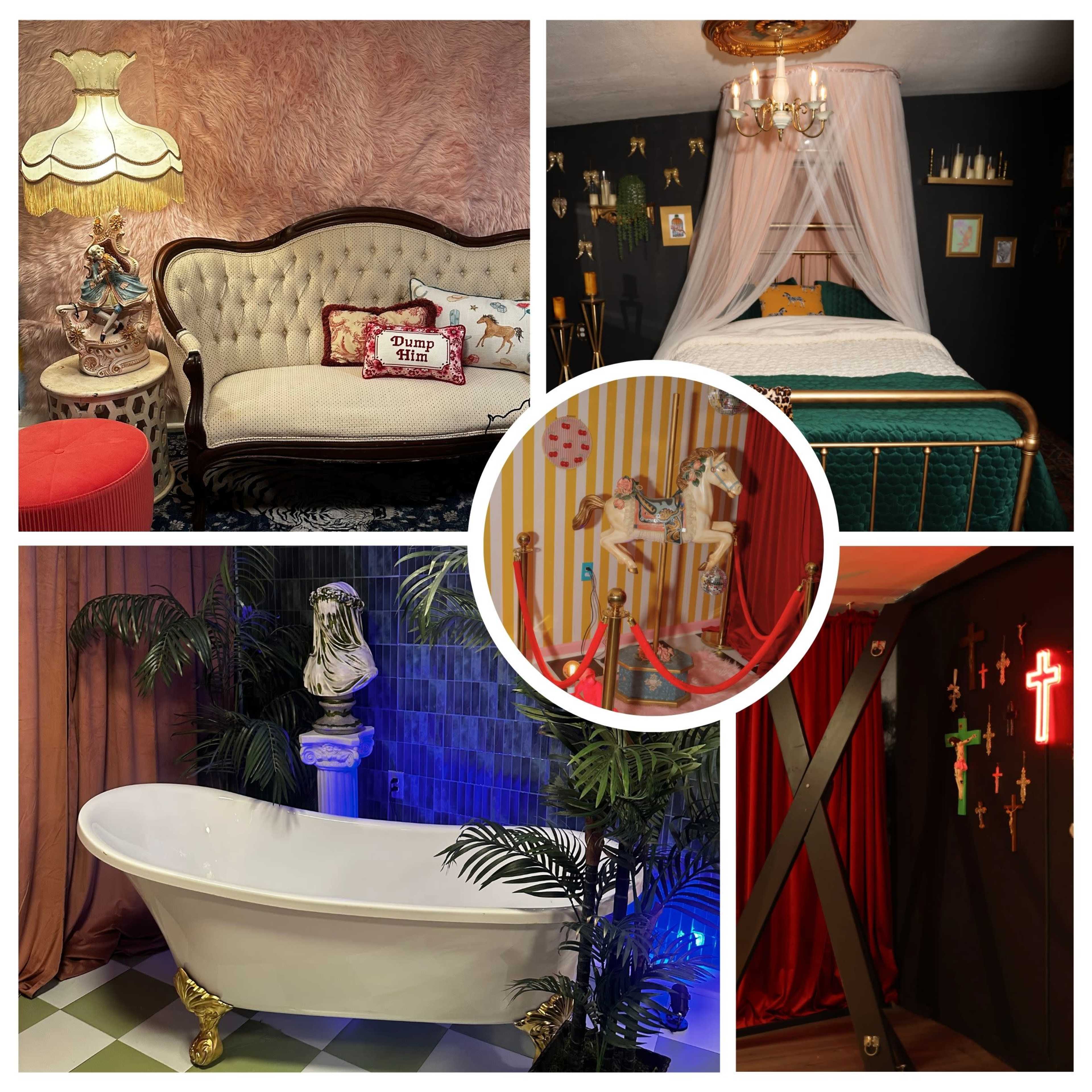 The image showcases a collage of four distinct rooms, each featuring unique decor: a vintage lounge with a tufted sofa, a whimsical bedroom with a canopy bed, a retro-style bathroom with a freestanding tub, and a dark room with colorful wall decorations.