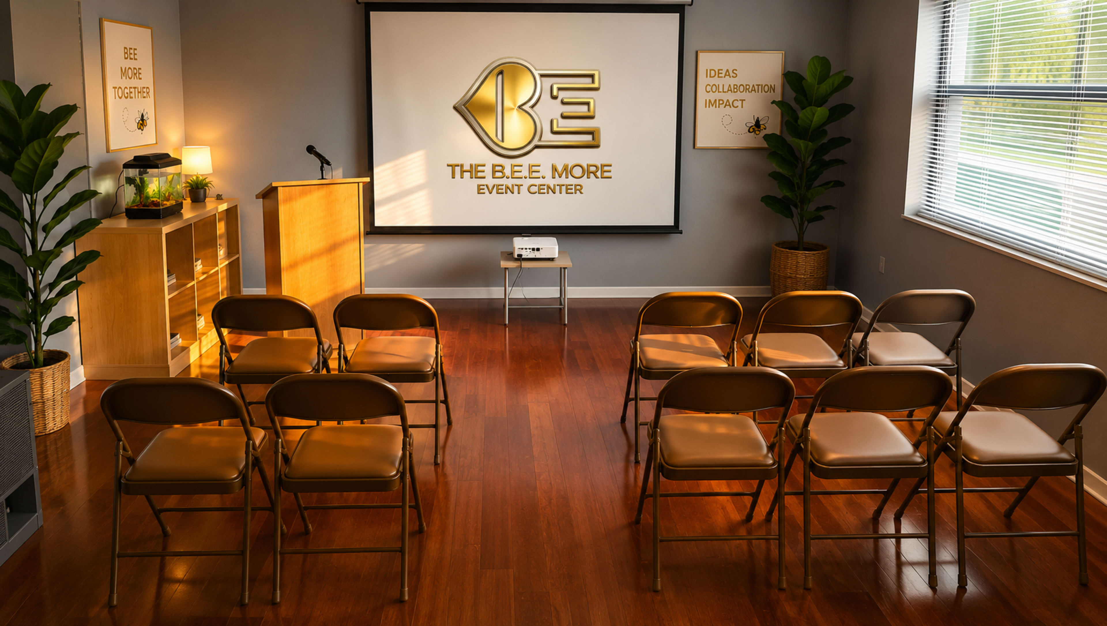 The image shows a neatly arranged event center with several chairs facing a projector screen that displays the name "B.E.E. More Event Center."