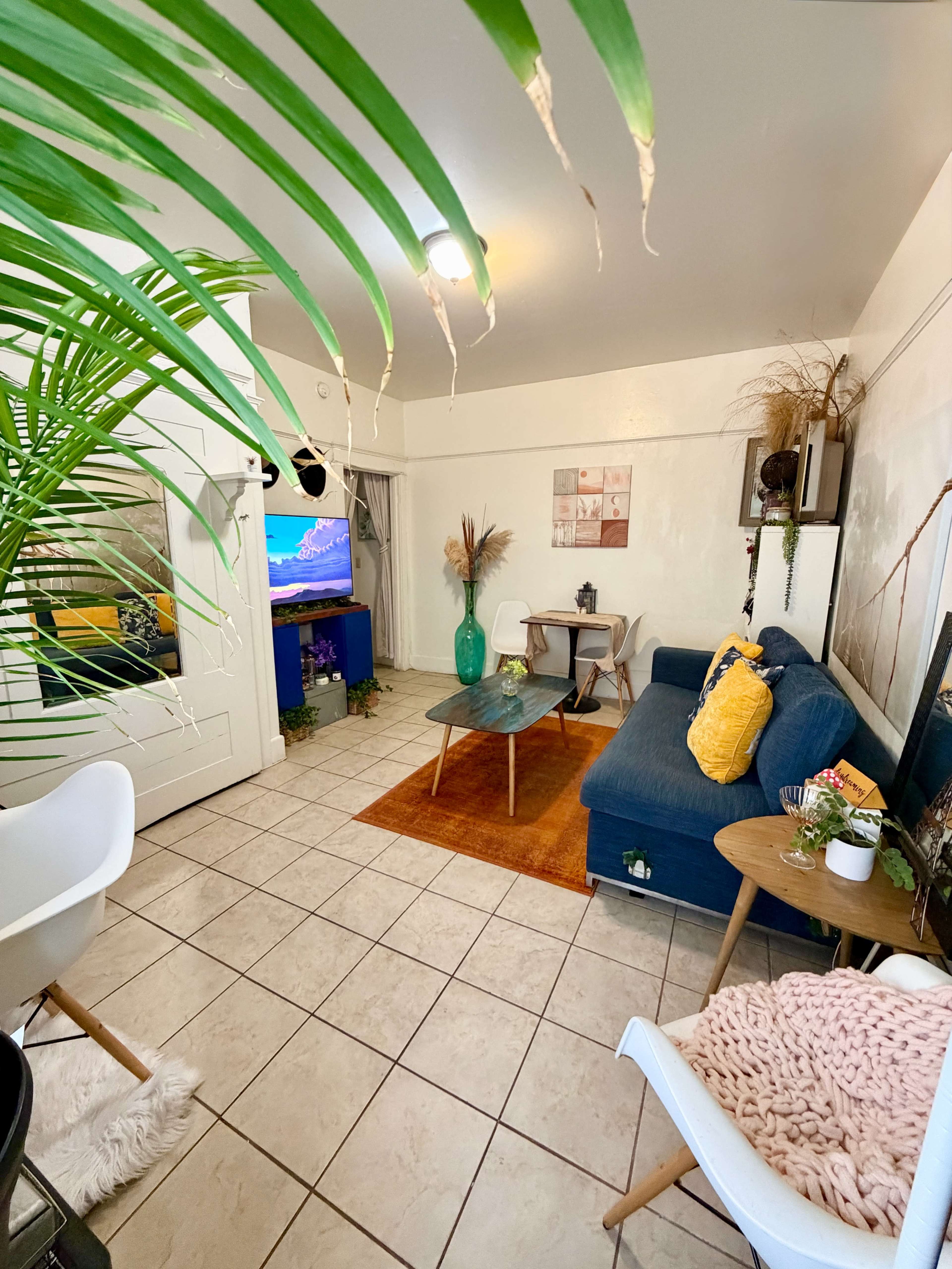 The image shows a cozy living room with a blue sofa, a coffee table, a TV stand with a television, and decorative plants.