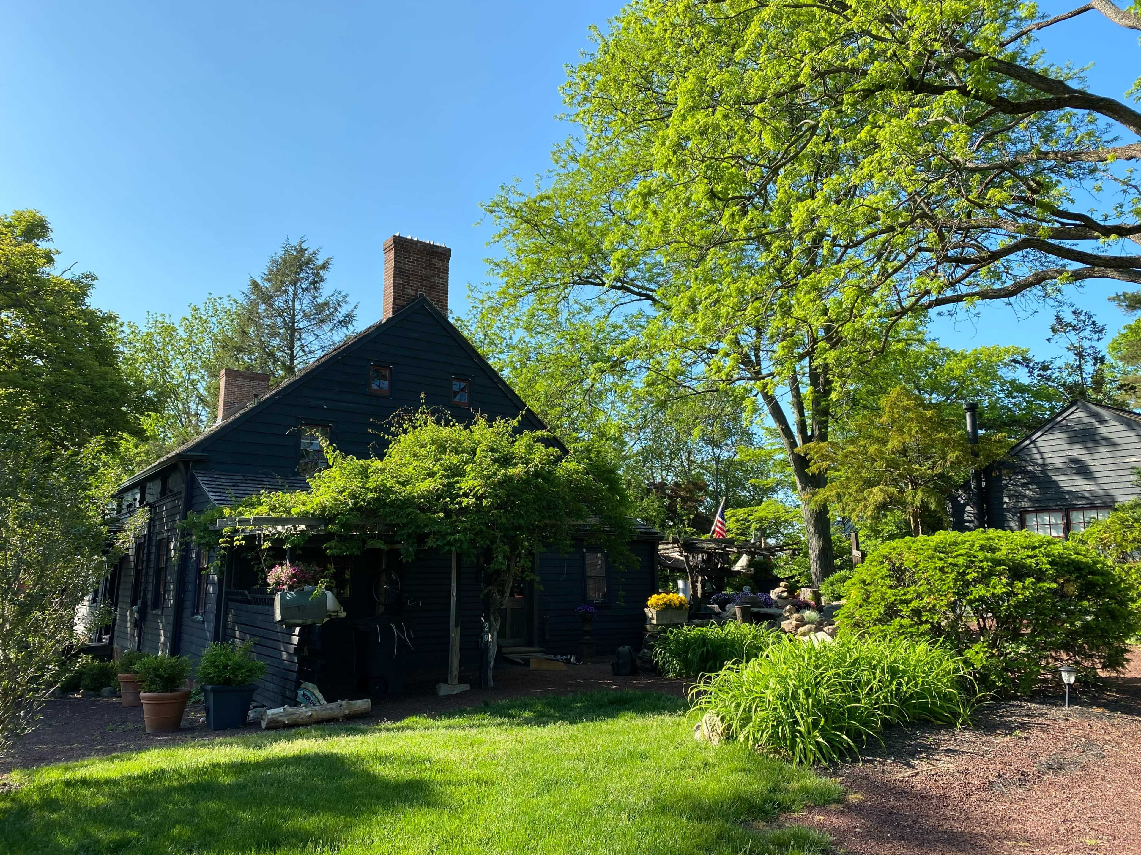 A dark wooden house with a chimney is surrounded by lush greenery and colorful flowers under a clear blue sky.