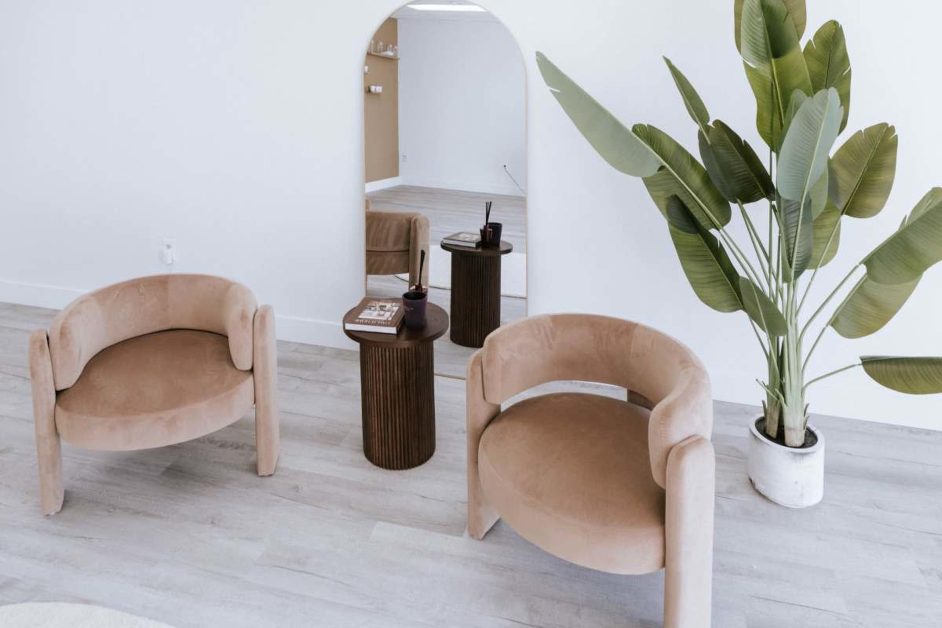 The image features two beige armchairs facing a small round table, with a large potted plant and an archway leading to another room in a minimalistic interior space.