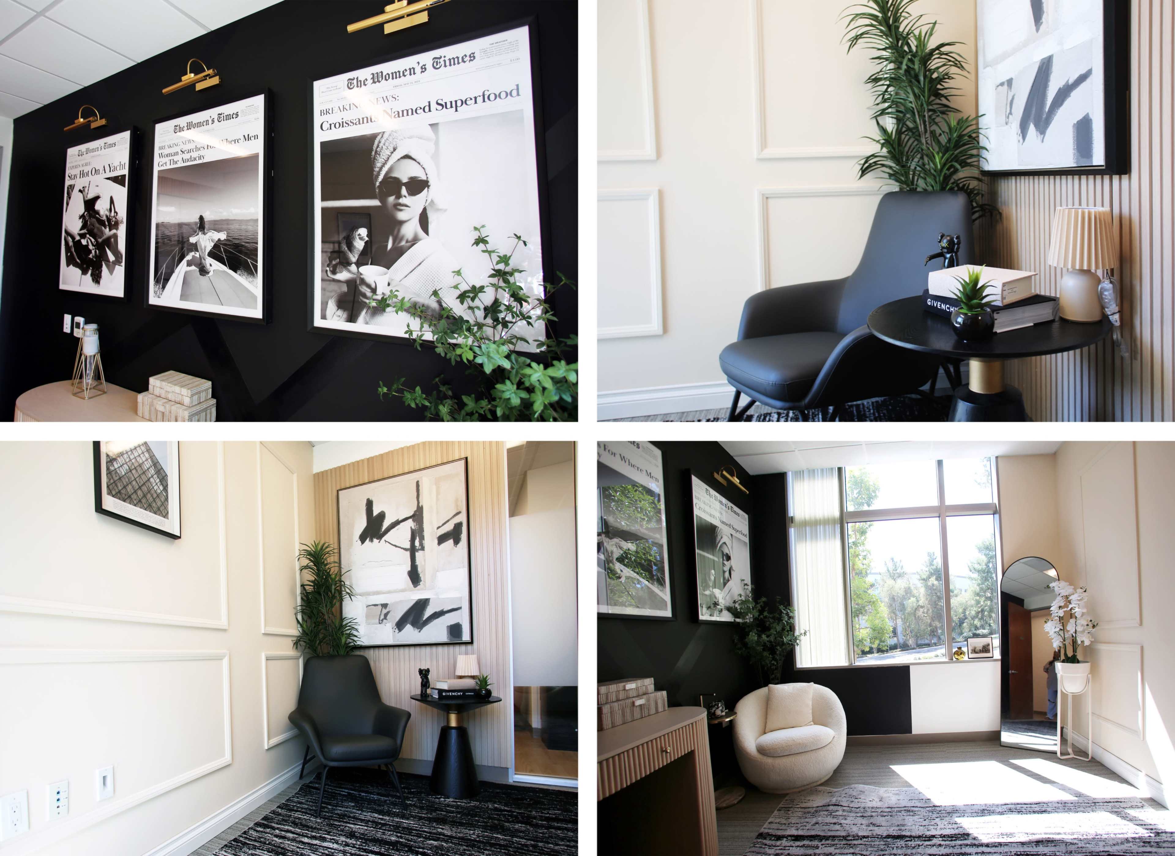 The image features a modern office space with black accent walls, stylish furniture, and large framed photographs, creating a sophisticated atmosphere.