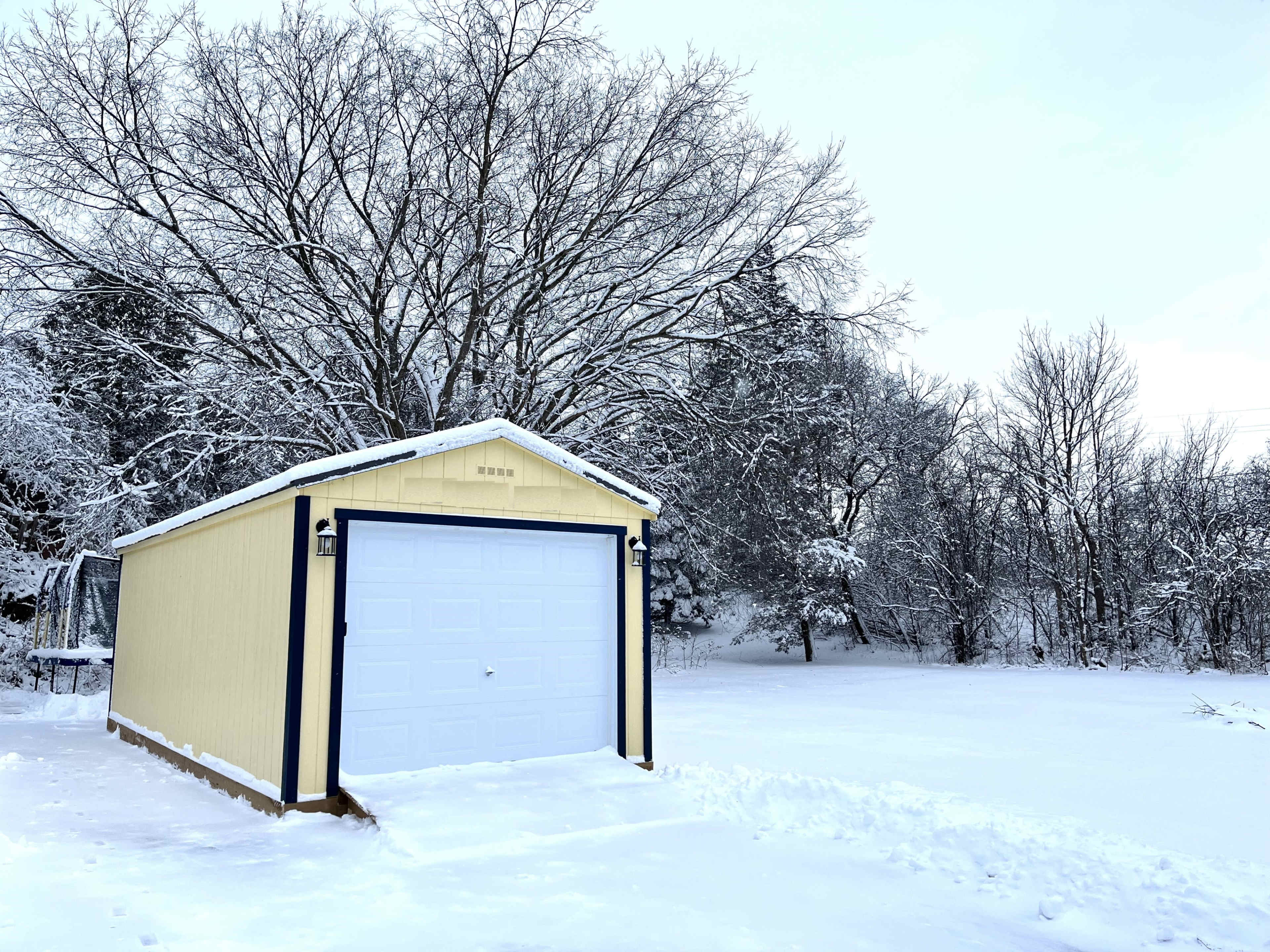 A yellow shed with a white garage door is surrounded by a snowy landscape and bare trees.