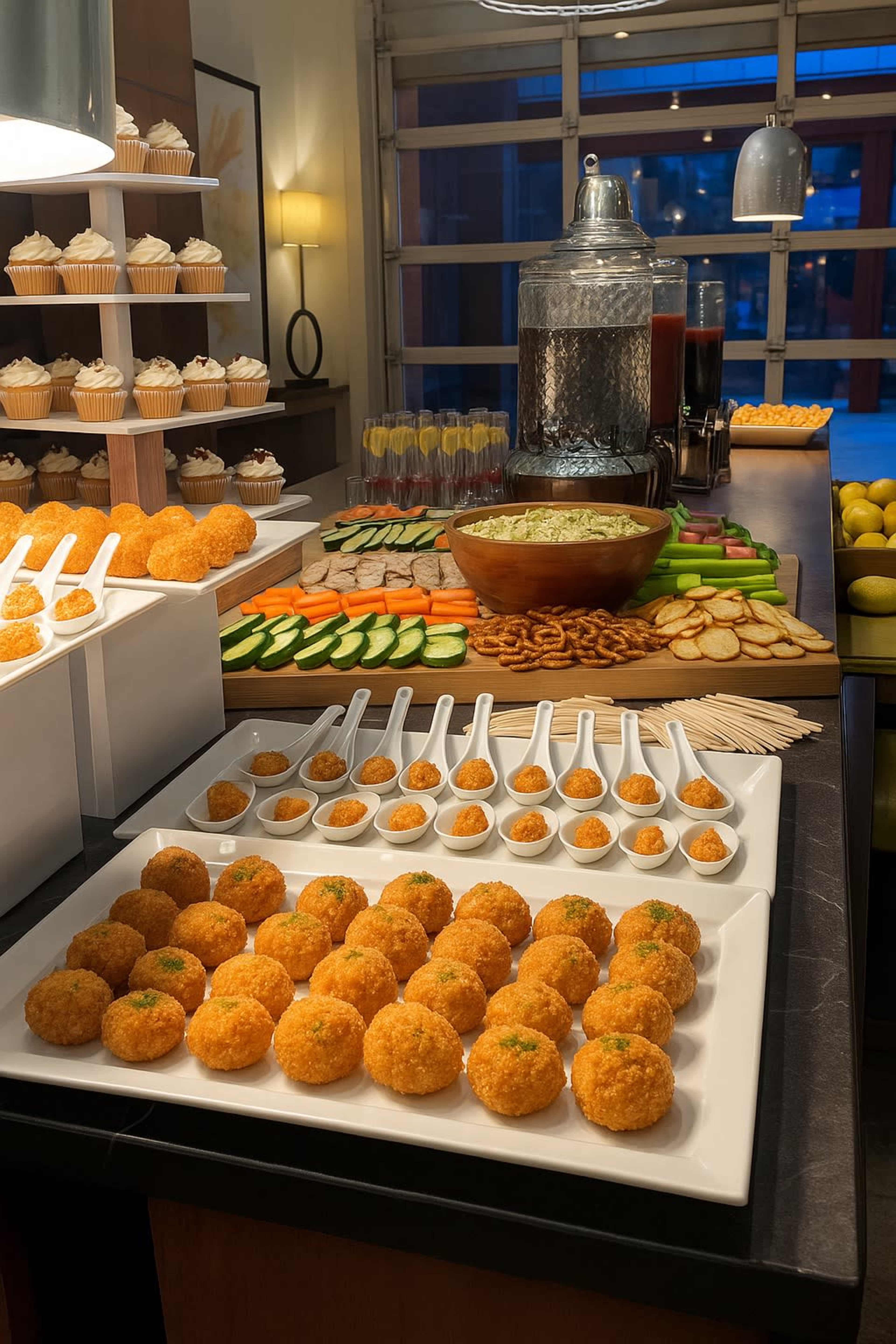 The image features a buffet spread with various appetizers, including a large platter of round, crispy snacks, bowls of dip, and an assortment of fresh vegetables and desserts on a table.