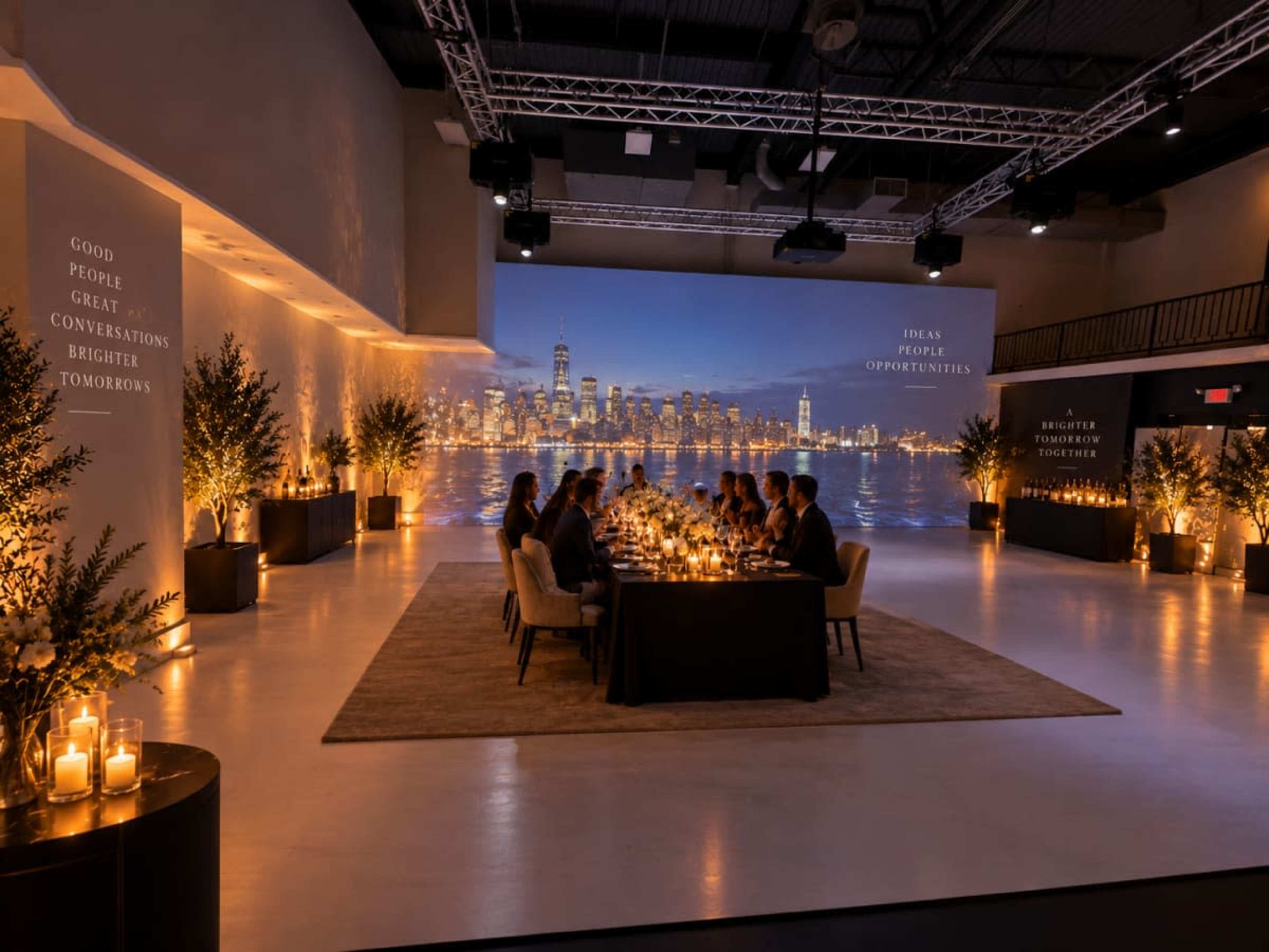 A long dining table is set for a formal gathering, surrounded by guests and illuminated by candlelight, with a city skyline displayed on a large backdrop.