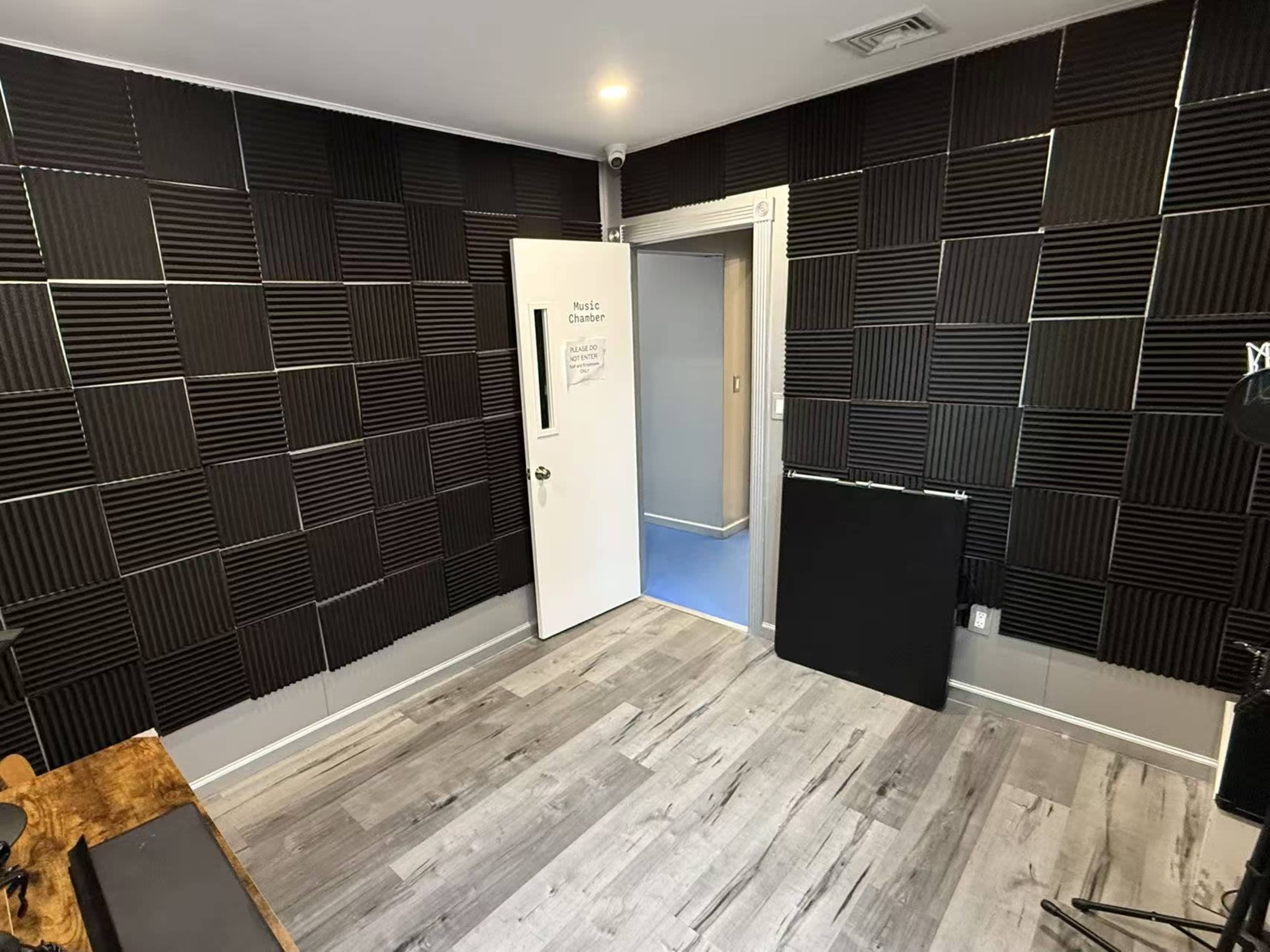 The image shows a soundproofed recording studio with black acoustic panels on the walls and a white door leading to another room.