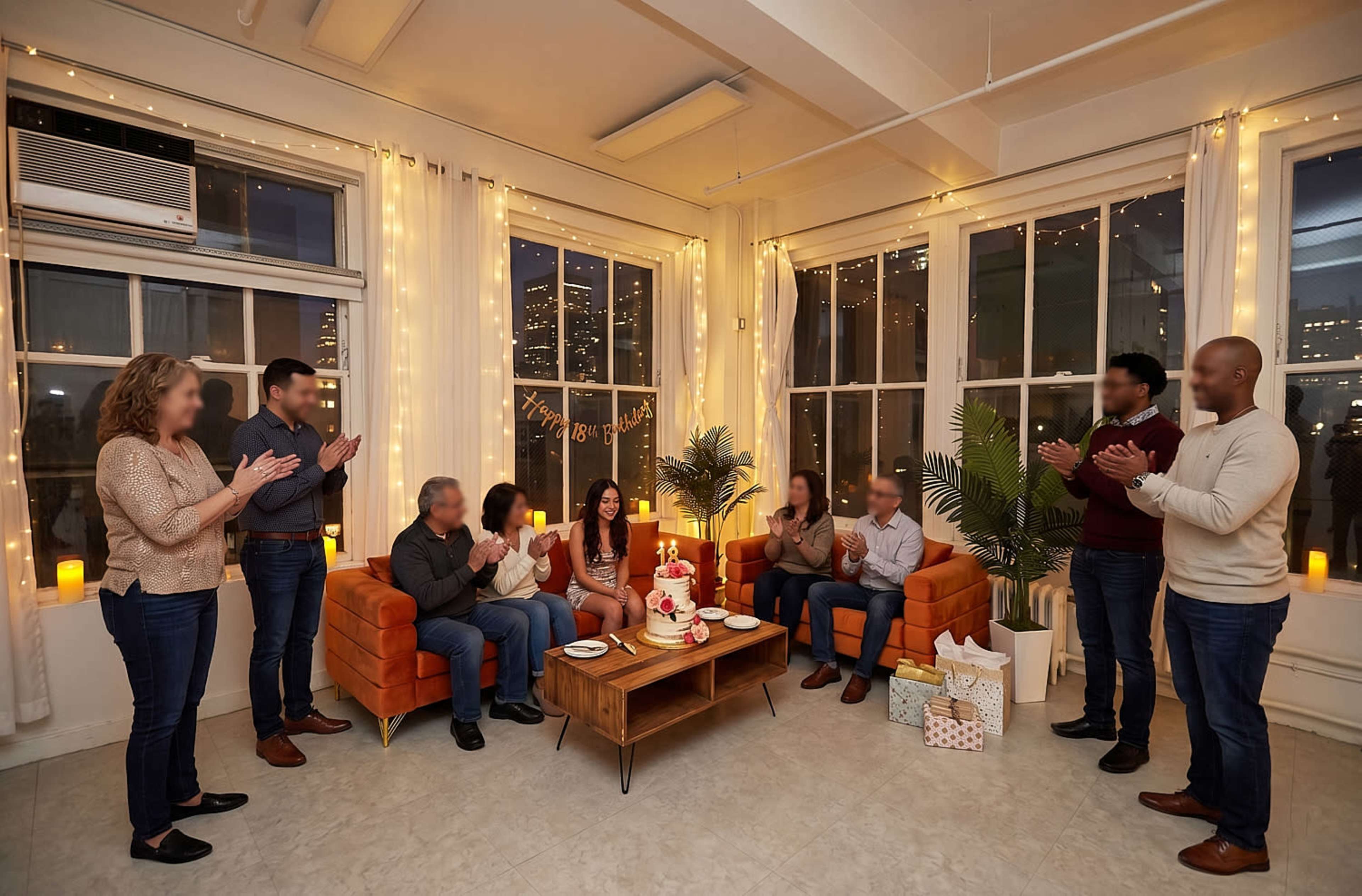 A group of people is gathered in a well-lit room, celebrating with a cake on a table, while others are clapping and smiling.
