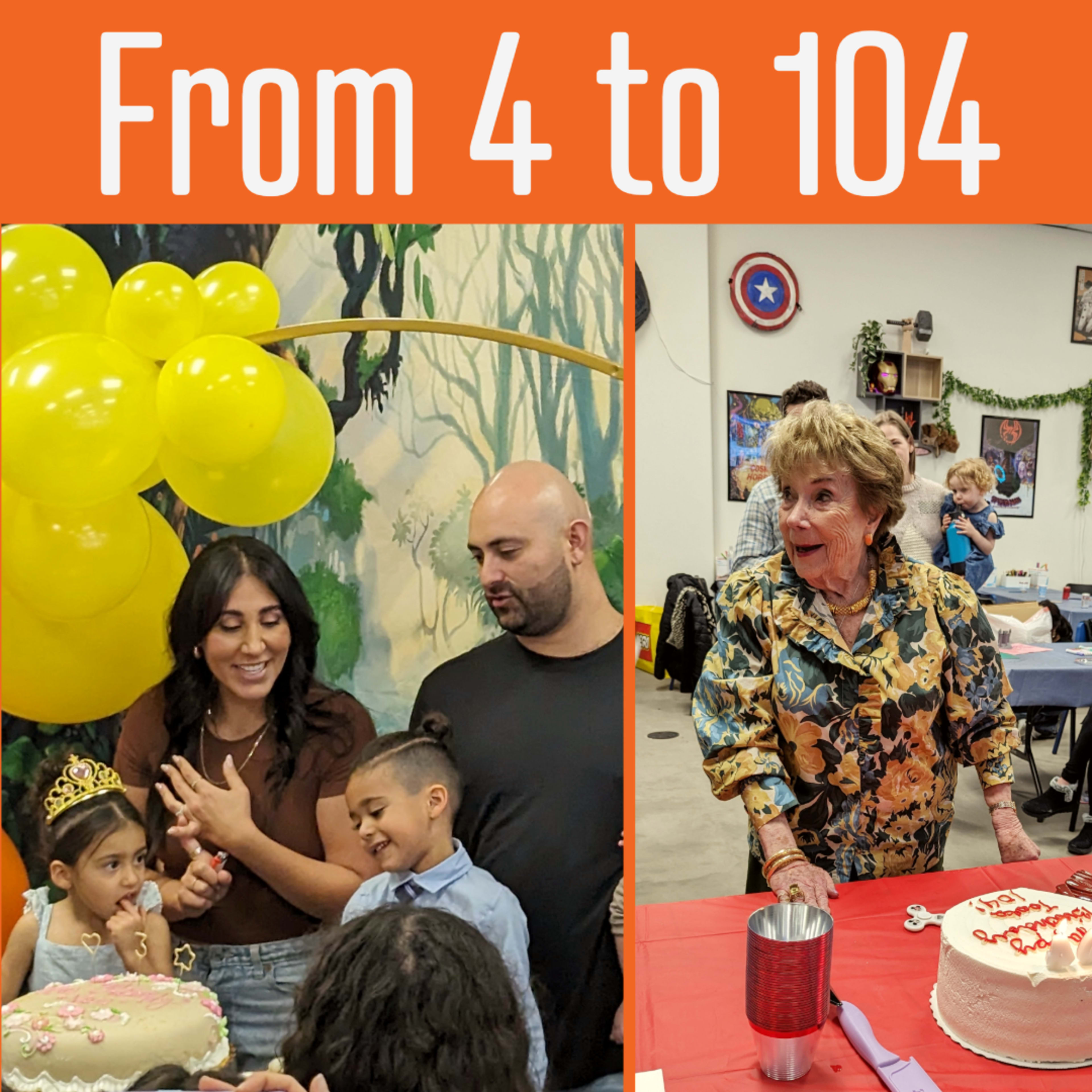 A celebration with a group of people, including a child wearing a crown and an elderly woman, surrounded by balloons and cakes.