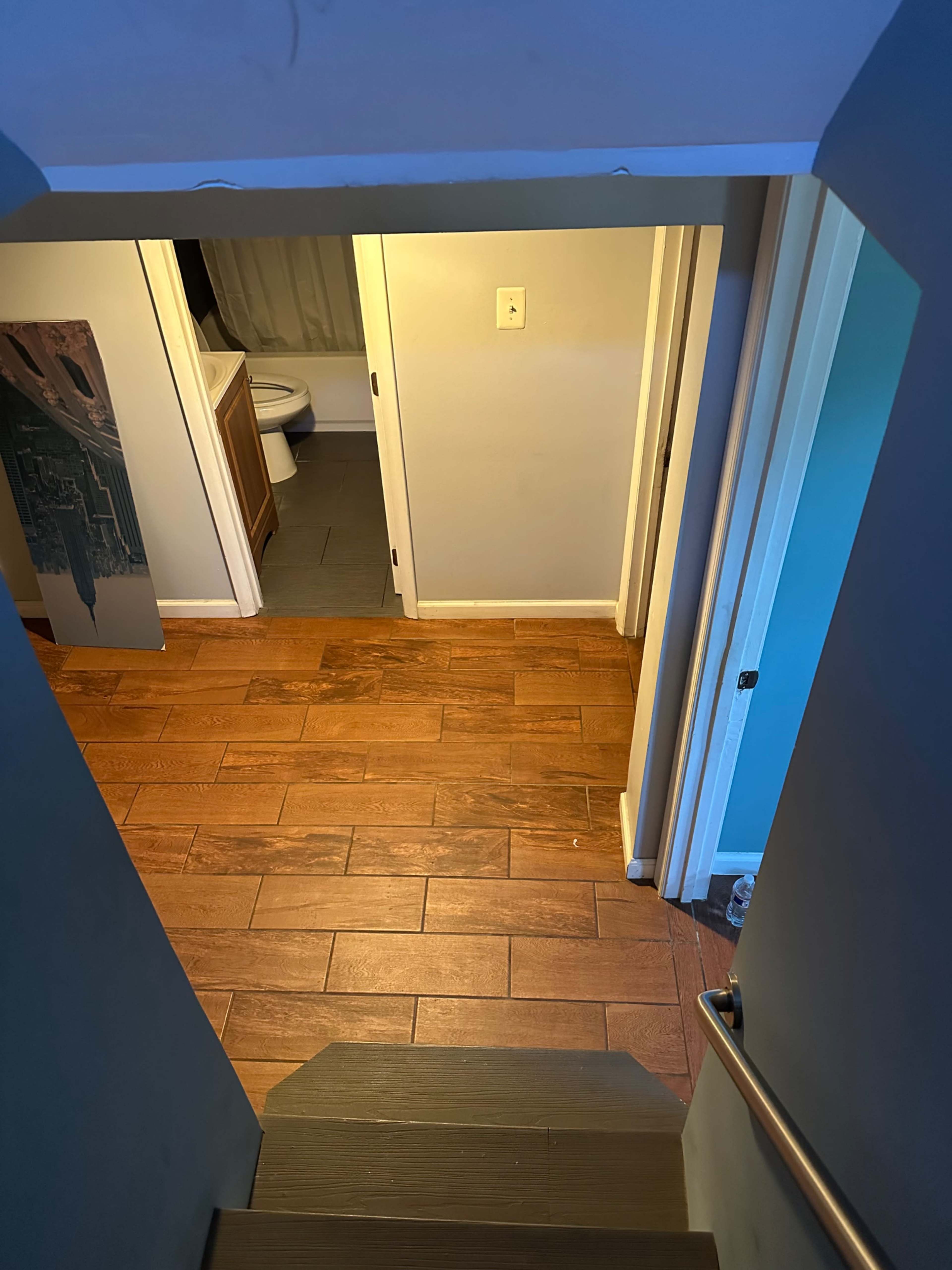 The image shows a view down a staircase into a hallway with wooden flooring and doors leading to a bathroom and another room.