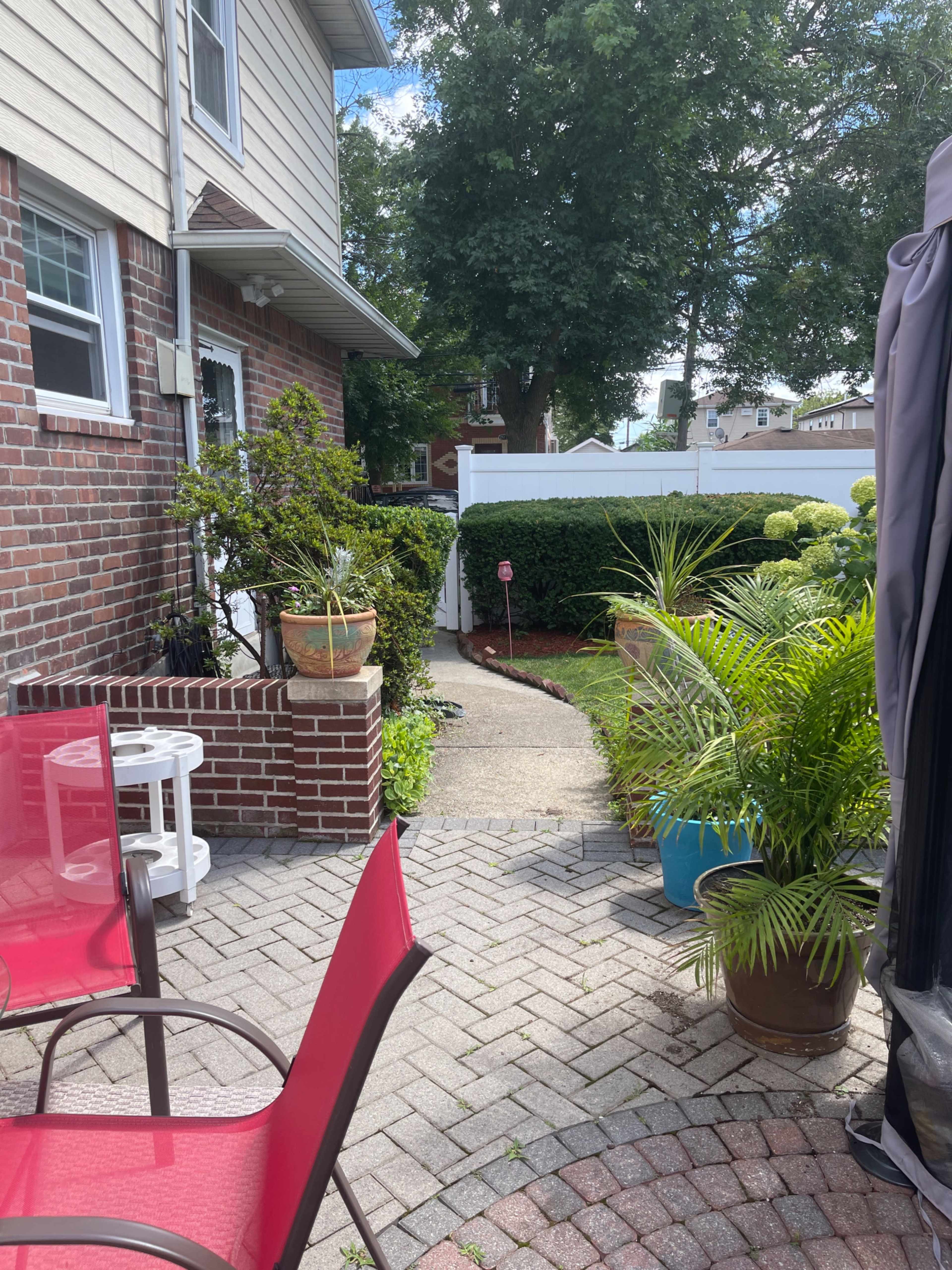A paved pathway runs between garden plants and brick walls, leading to a white fence in a residential yard.