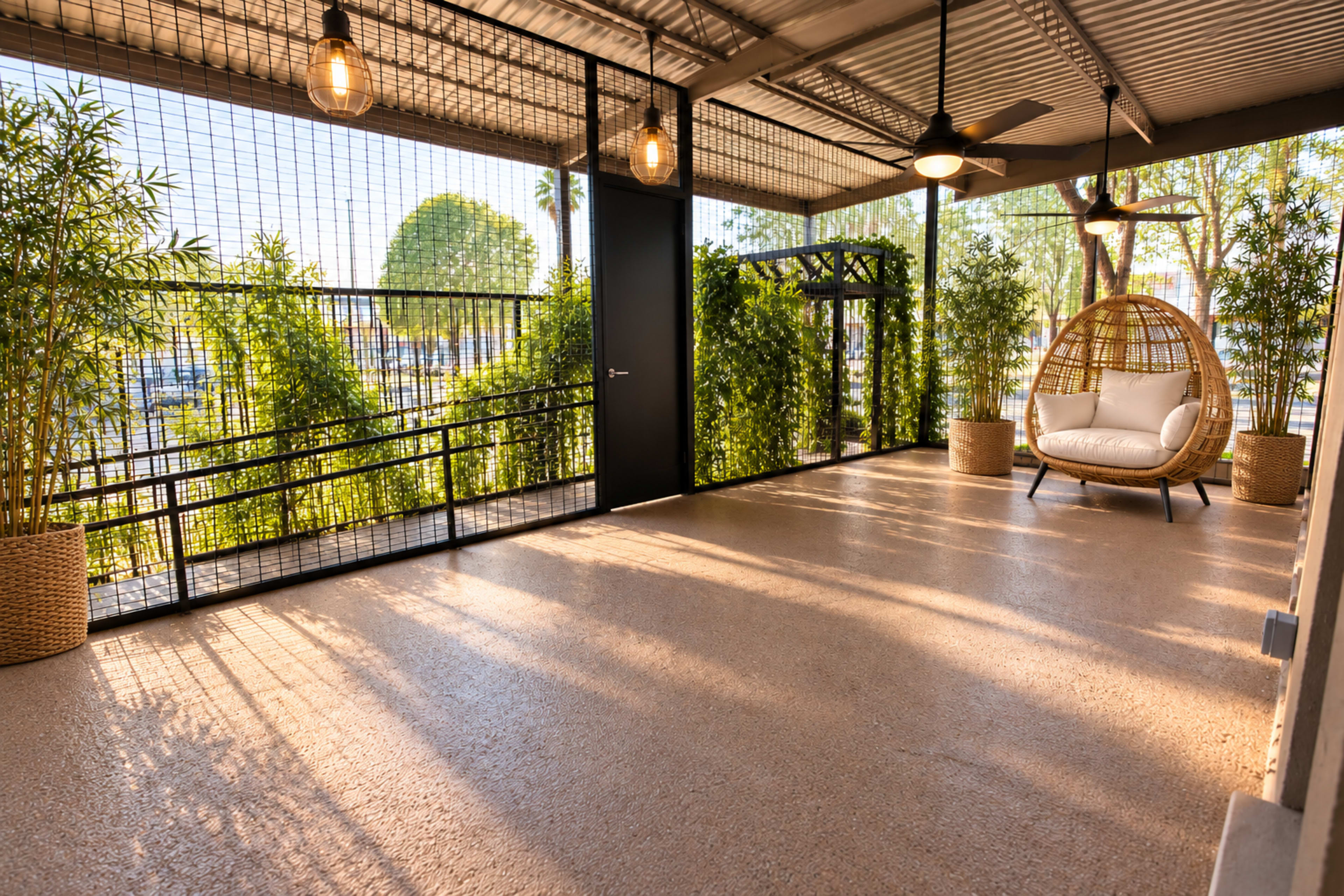 The scene features a well-lit outdoor space with a hanging chair, plants in woven pots, and a grid-like railing.