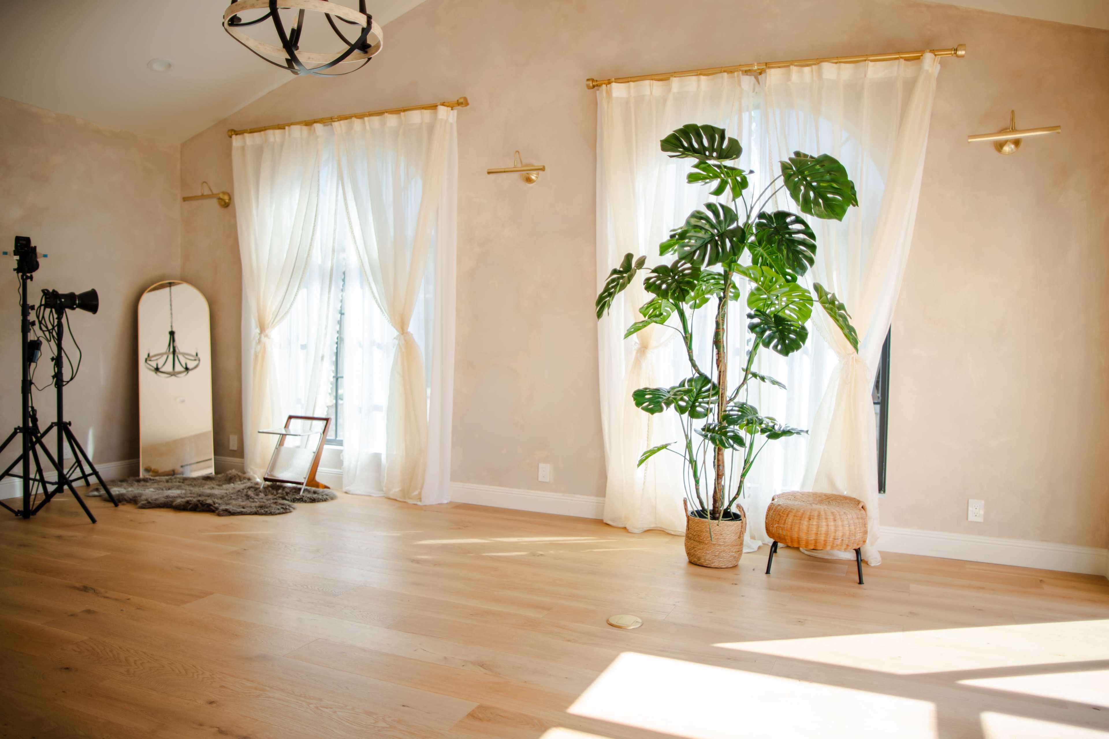A spacious room features large windows with sheer curtains, a potted plant, and a mirror, along with a photography setup in one corner.
