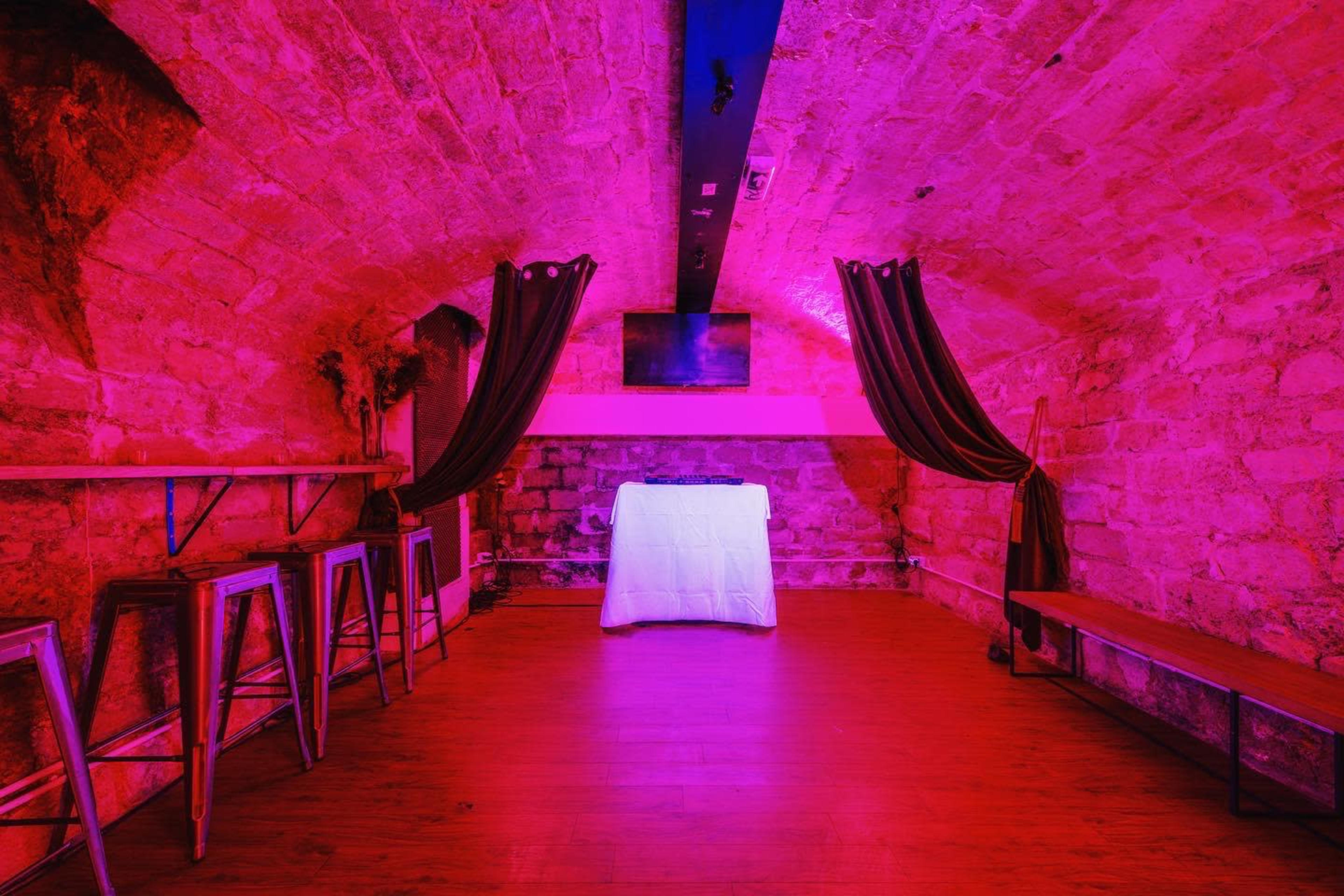 Restaurant lounge avec œuvres artistiques et cave voûtée en pierre. Système sono et light de boîte de nuit. Fresque peinte au plafond. Baies vitrées. Image dans Montmartre, Paris, 