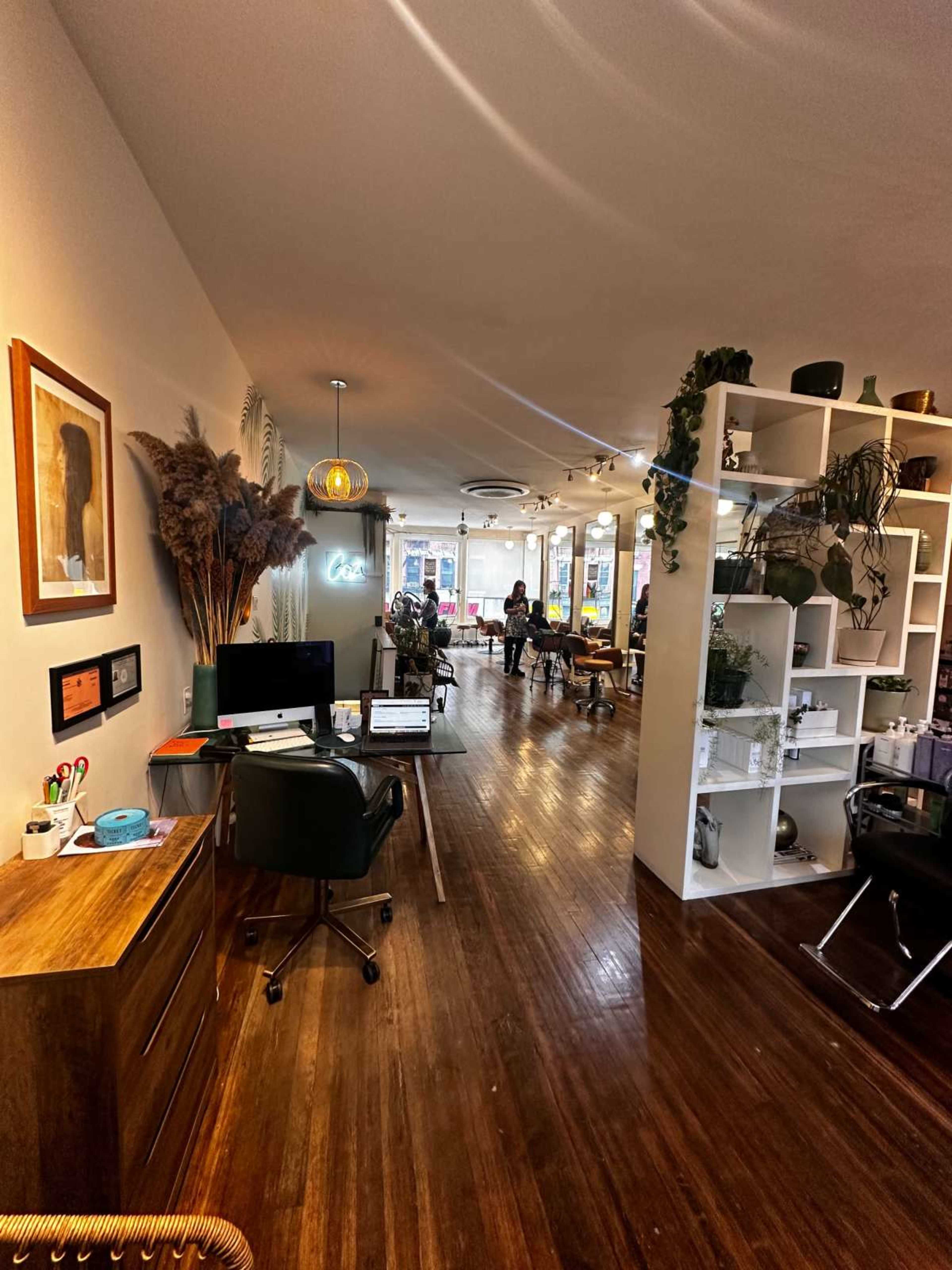 The image shows an interior of a modern salon or workspace featuring a wooden desk, potted plants, and a series of workstations with chairs.