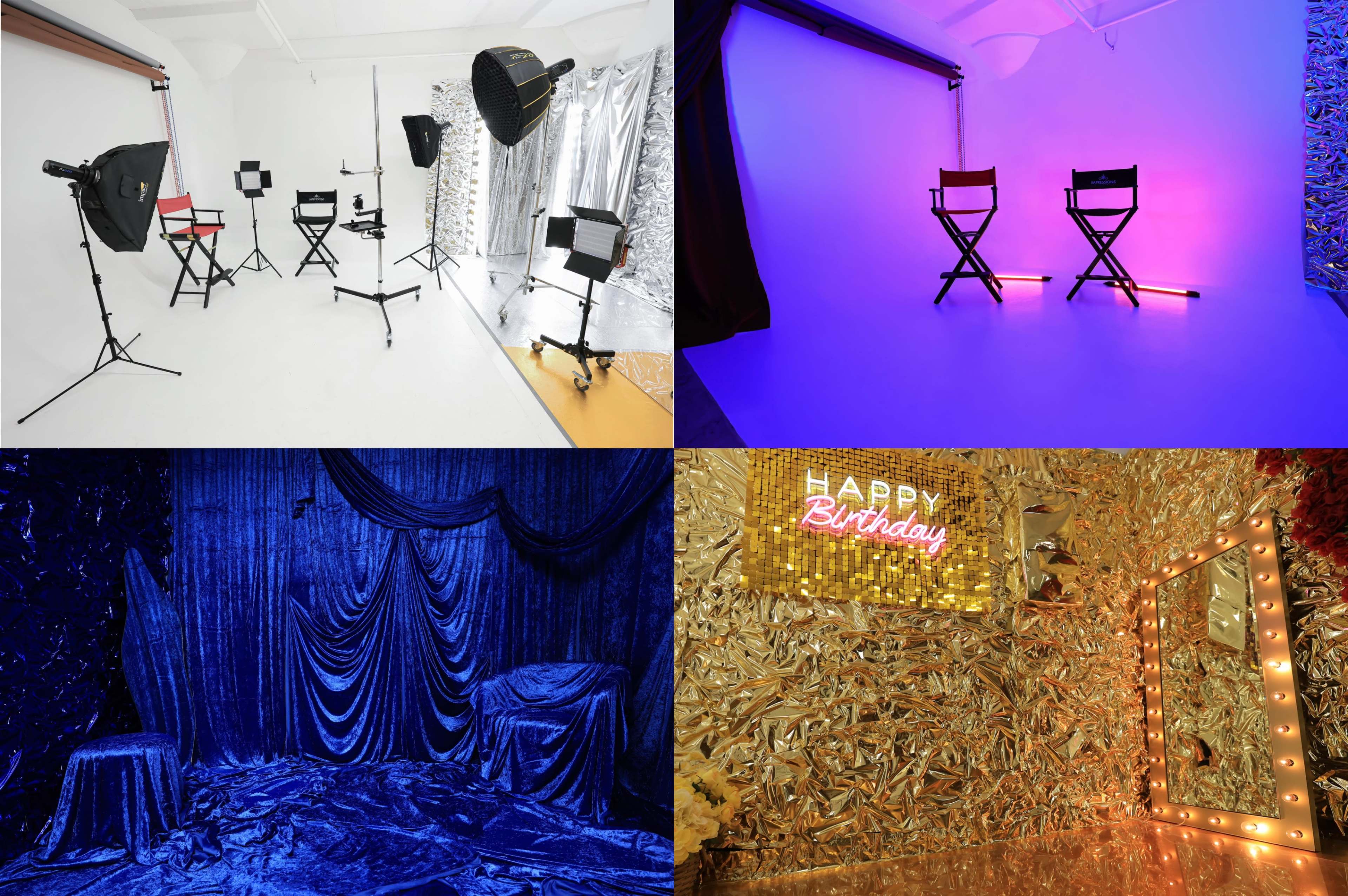 Four different studio setups, featuring various colored backdrops, lighting equipment, and decorative elements for photography.