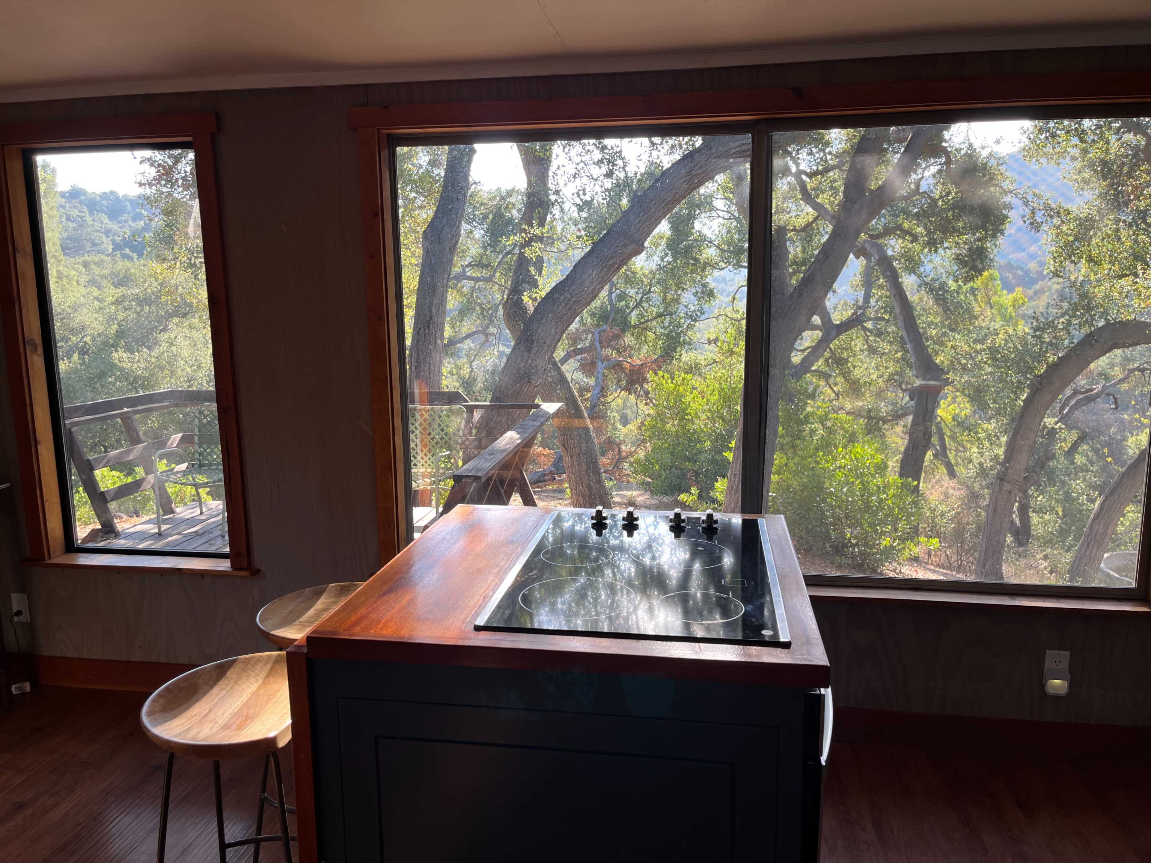 A modern kitchen with a stove and two wooden bar stools, positioned near large windows that provide a view of trees and a natural landscape outside.