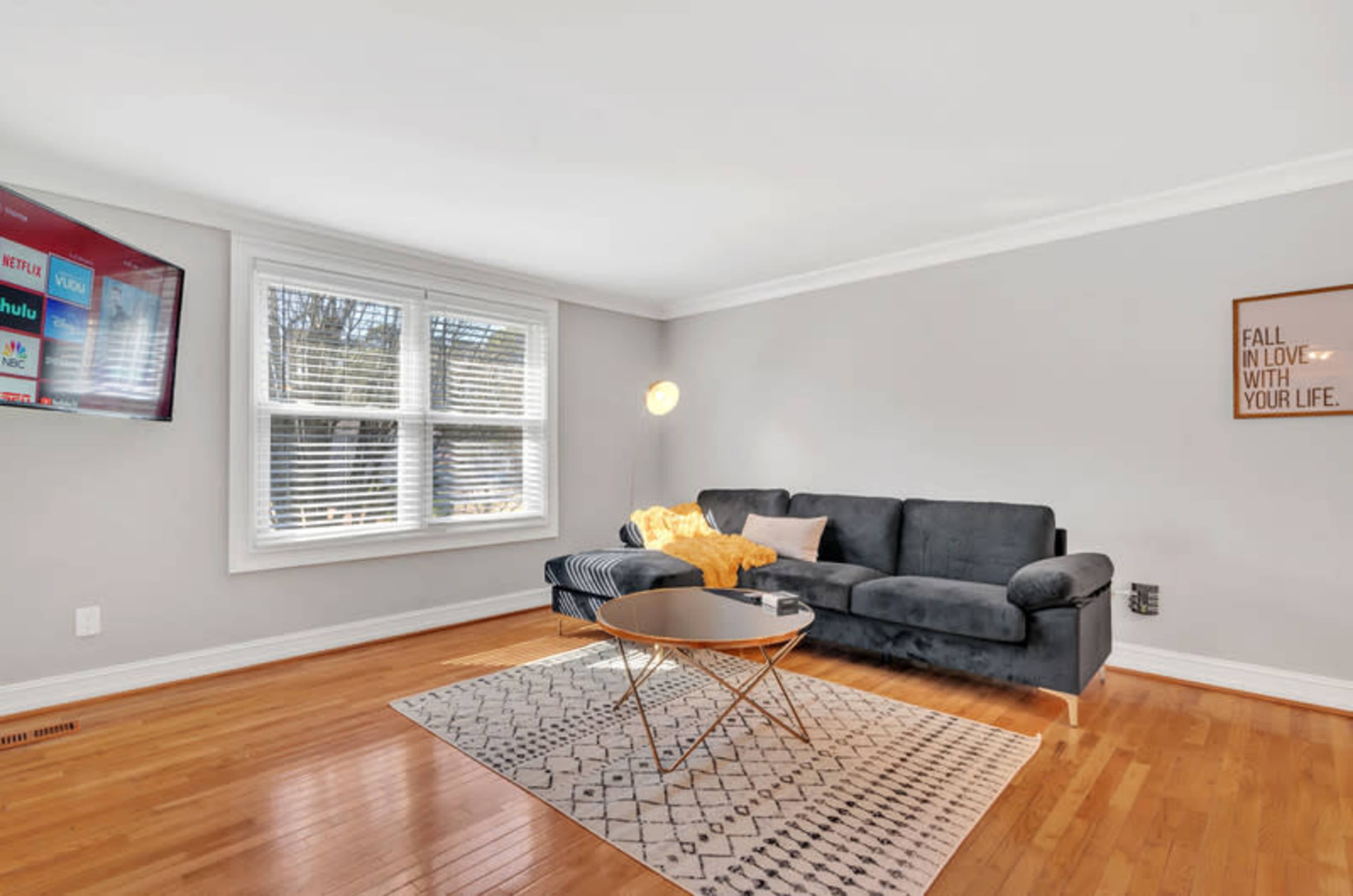 The living room features a grey sofa, a patterned rug, a coffee table, and a television mounted on the wall, with natural light streaming through the windows.