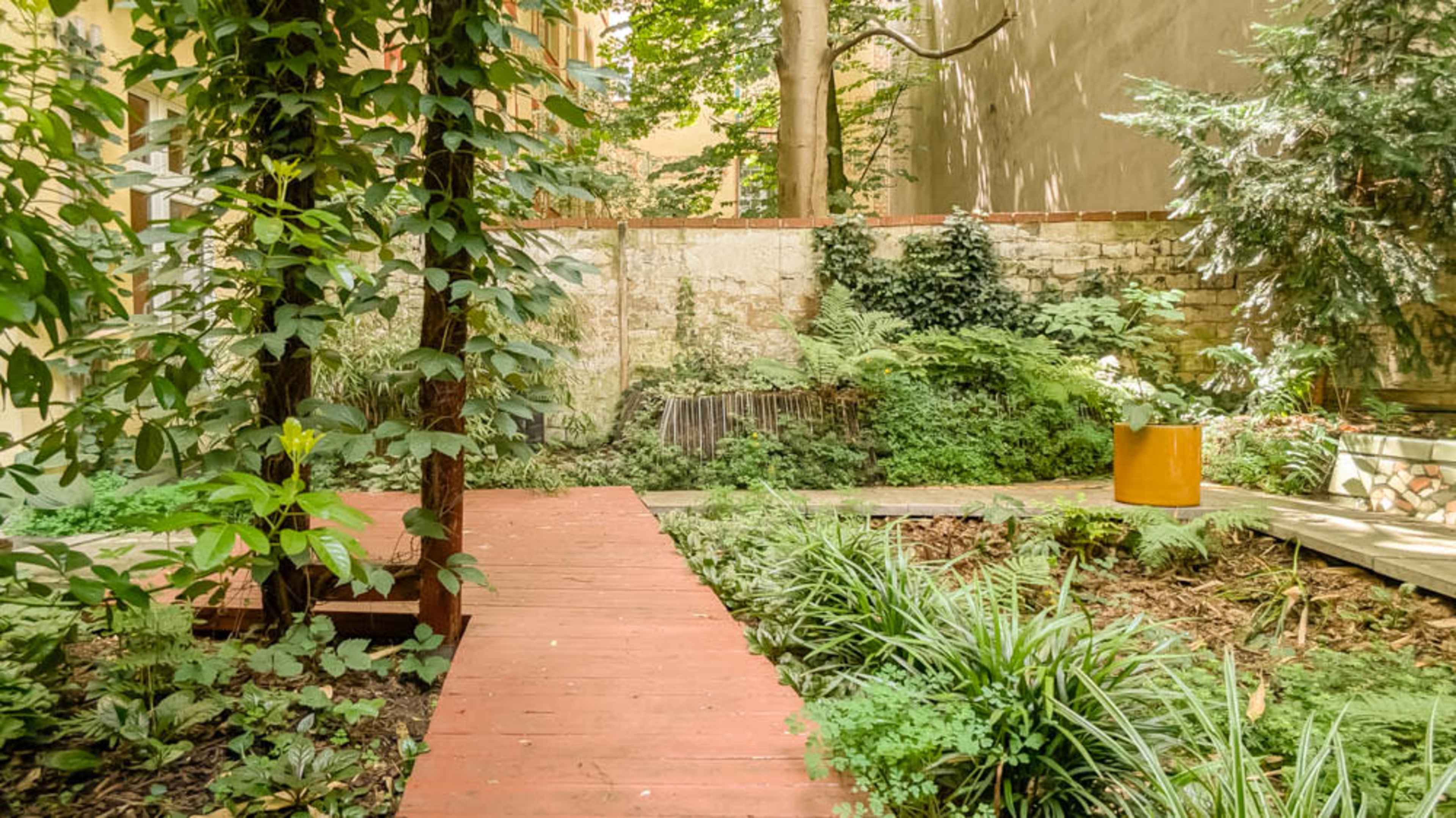 The image shows a small, lush garden area with a wooden walkway, surrounded by greenery and a stone wall in the background.