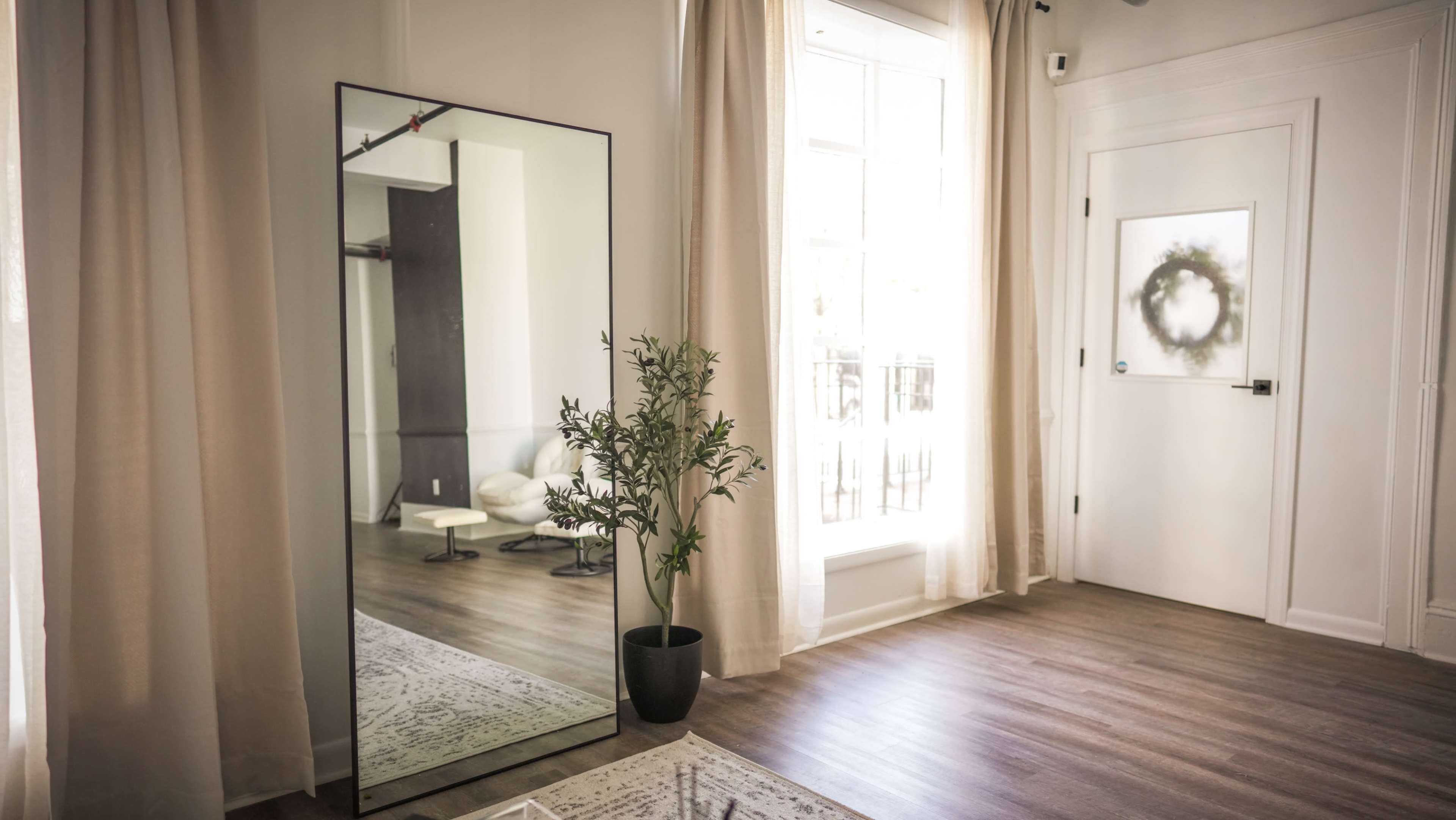 A modern interior with a large mirror, a potted plant, and a door leading to an outdoor space, all illuminated by natural light from a nearby window.