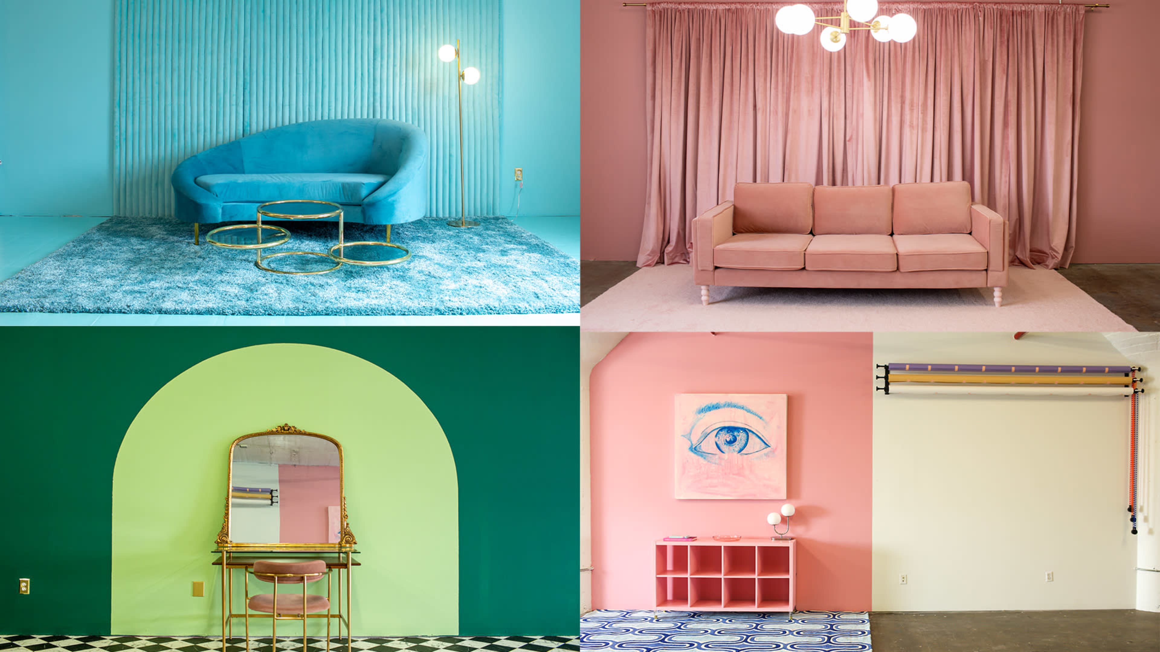 Four distinct interior scenes featuring various color schemes, furniture, and decorative elements.