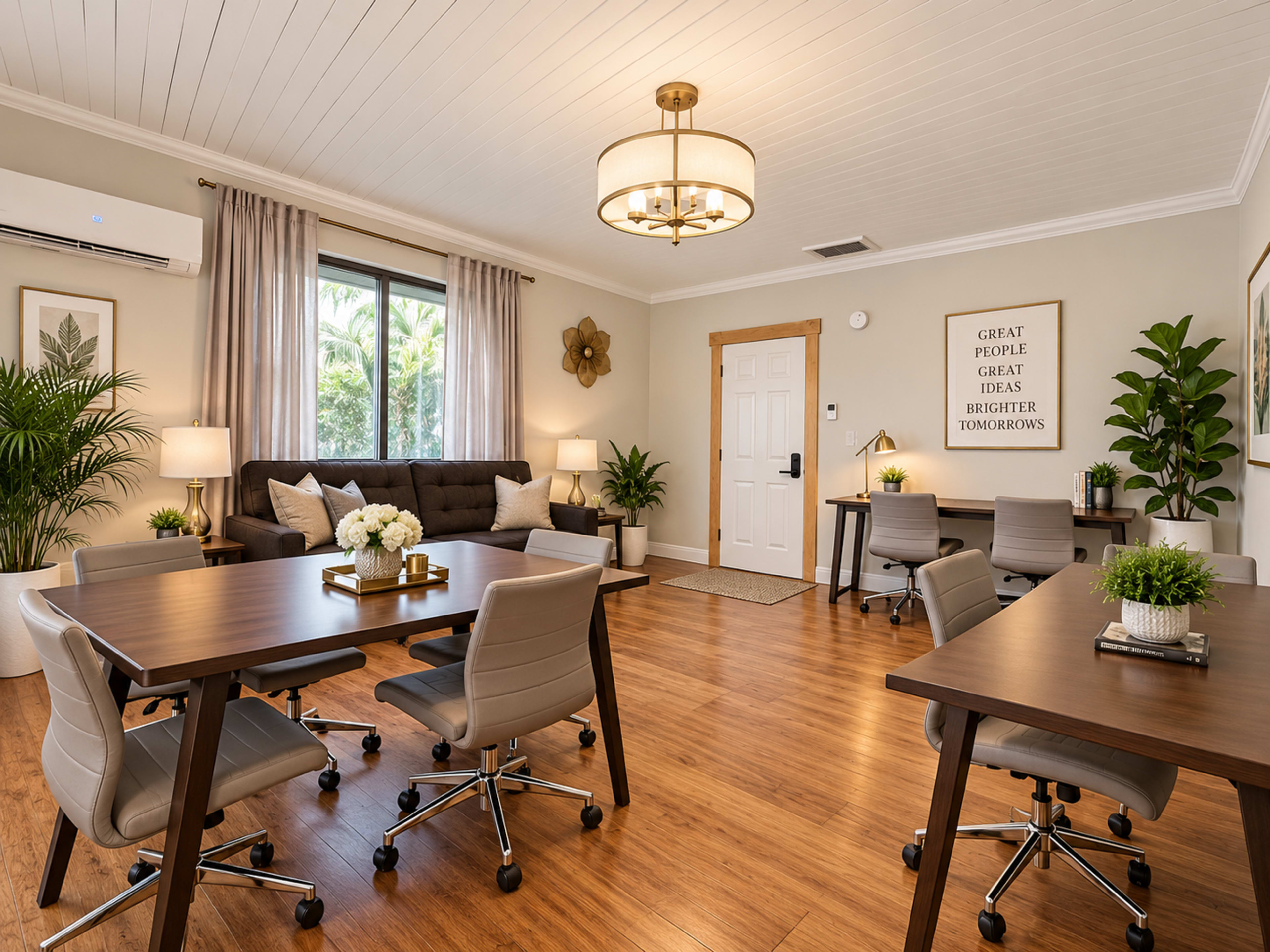 The image shows a modern office space with wooden flooring, several work desks and chairs, a cozy sofa, and large windows with natural light.