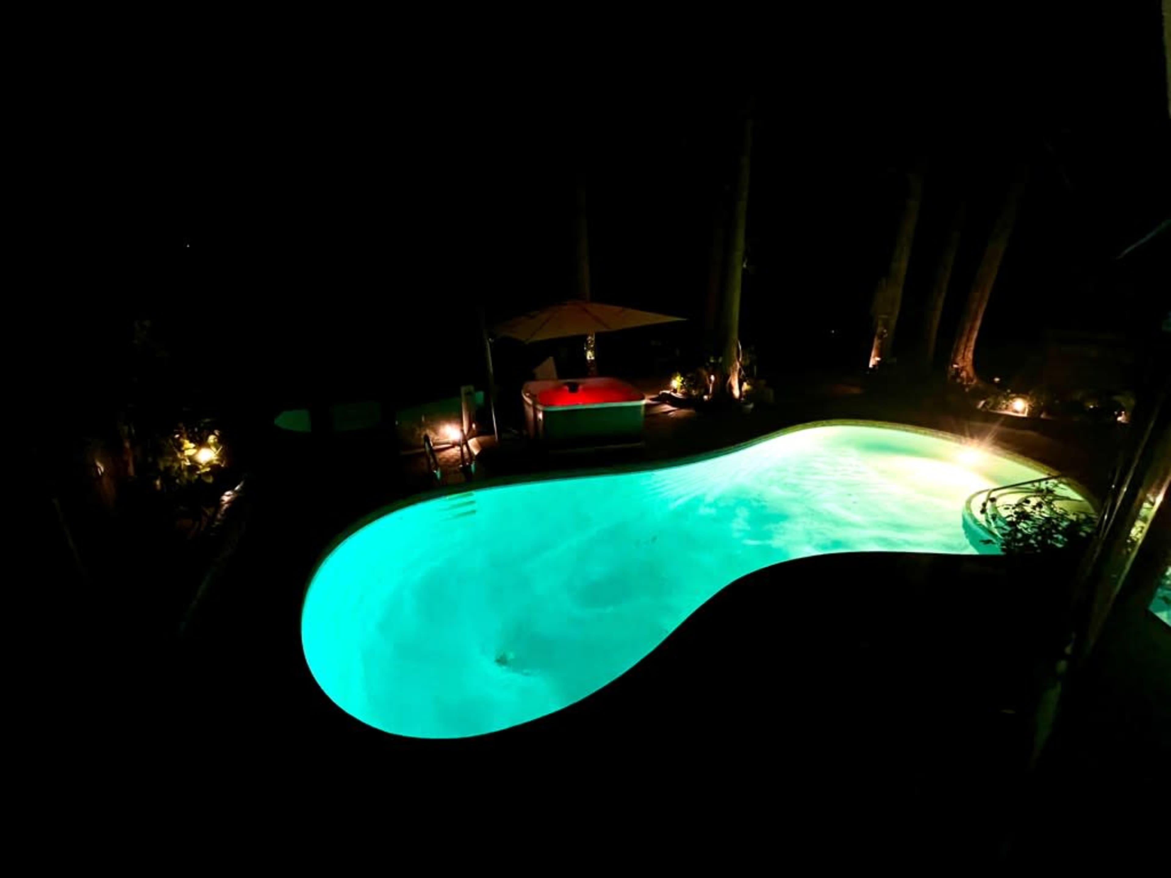 A brightly lit, illuminated swimming pool is surrounded by trees and outdoor furniture at night.