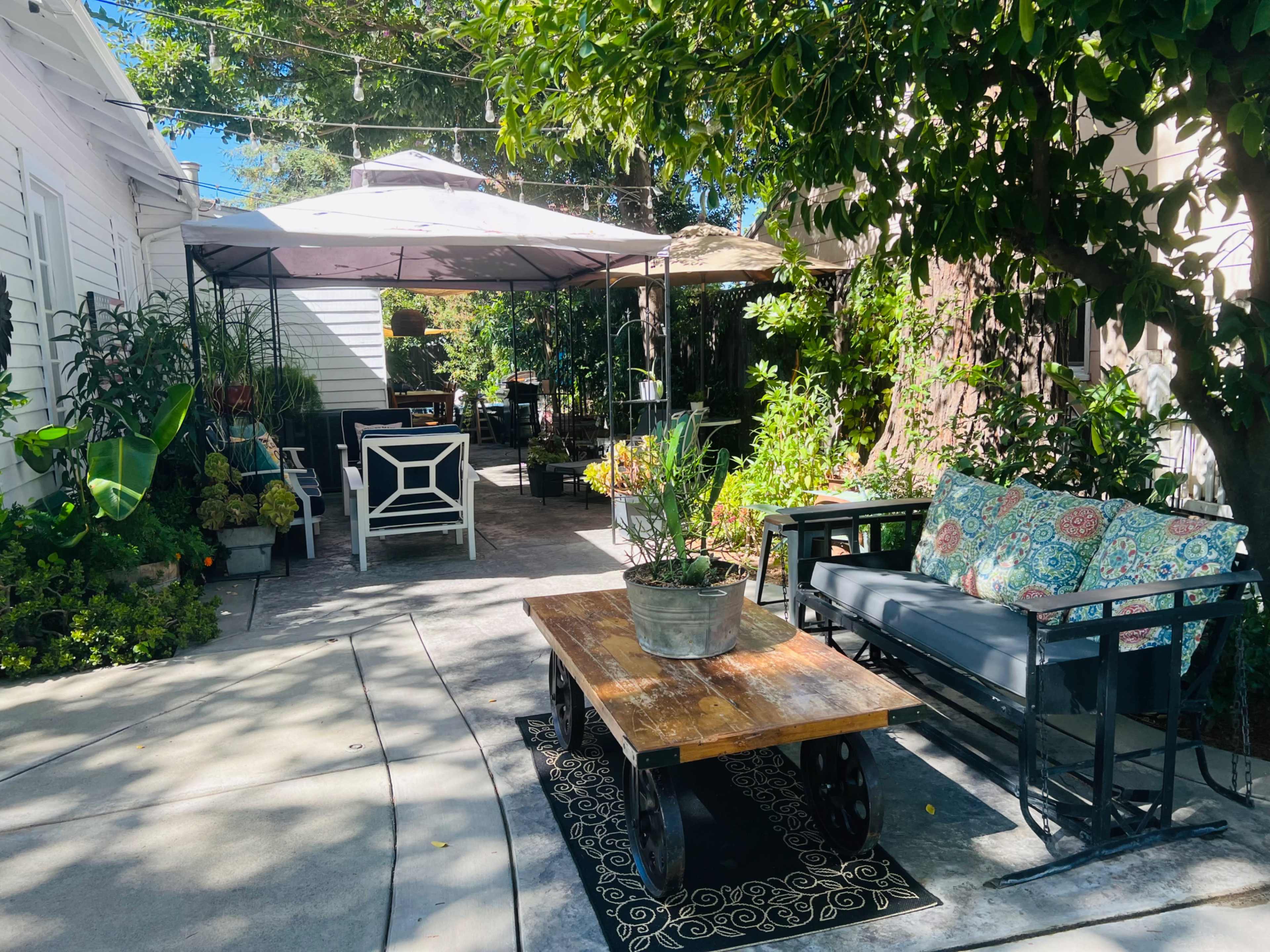 A landscaped outdoor patio area with seating, a wooden table, and a large canopy providing shade.
