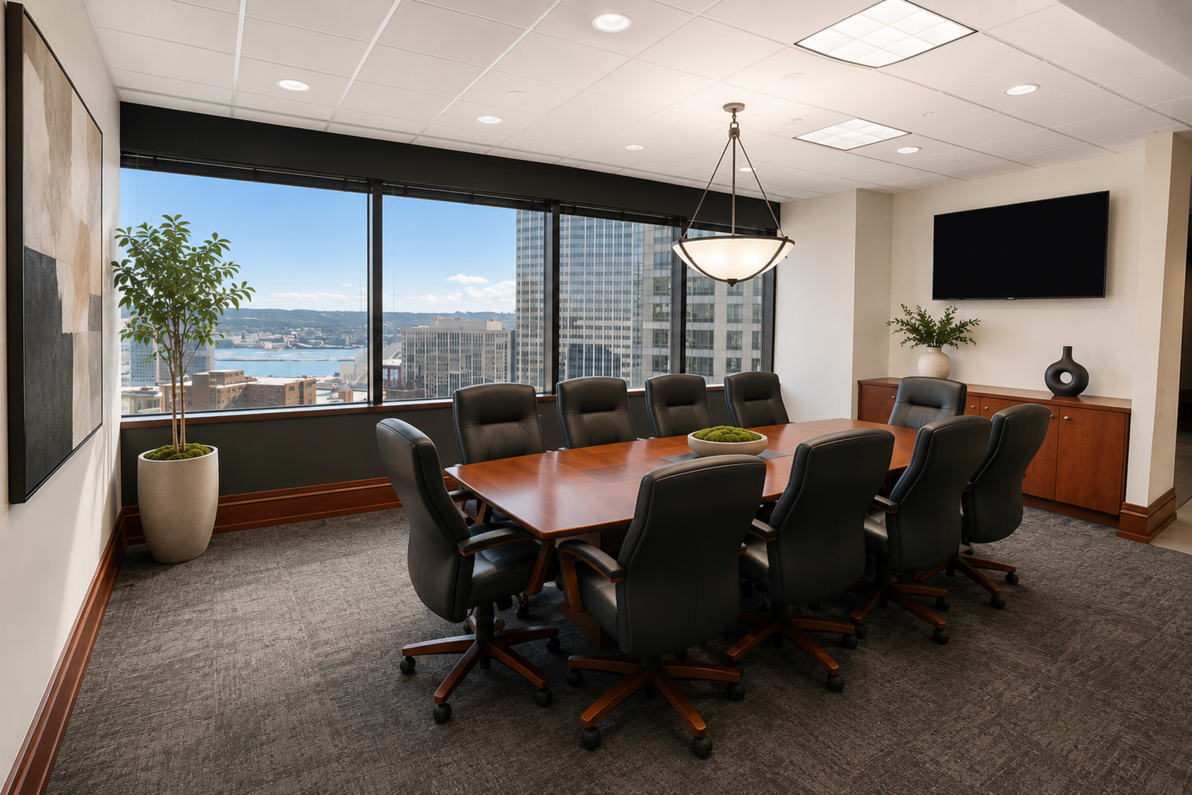 The image shows a modern conference room with a large wooden table surrounded by black ergonomic chairs, featuring large windows that offer a view of a cityscape and water.
