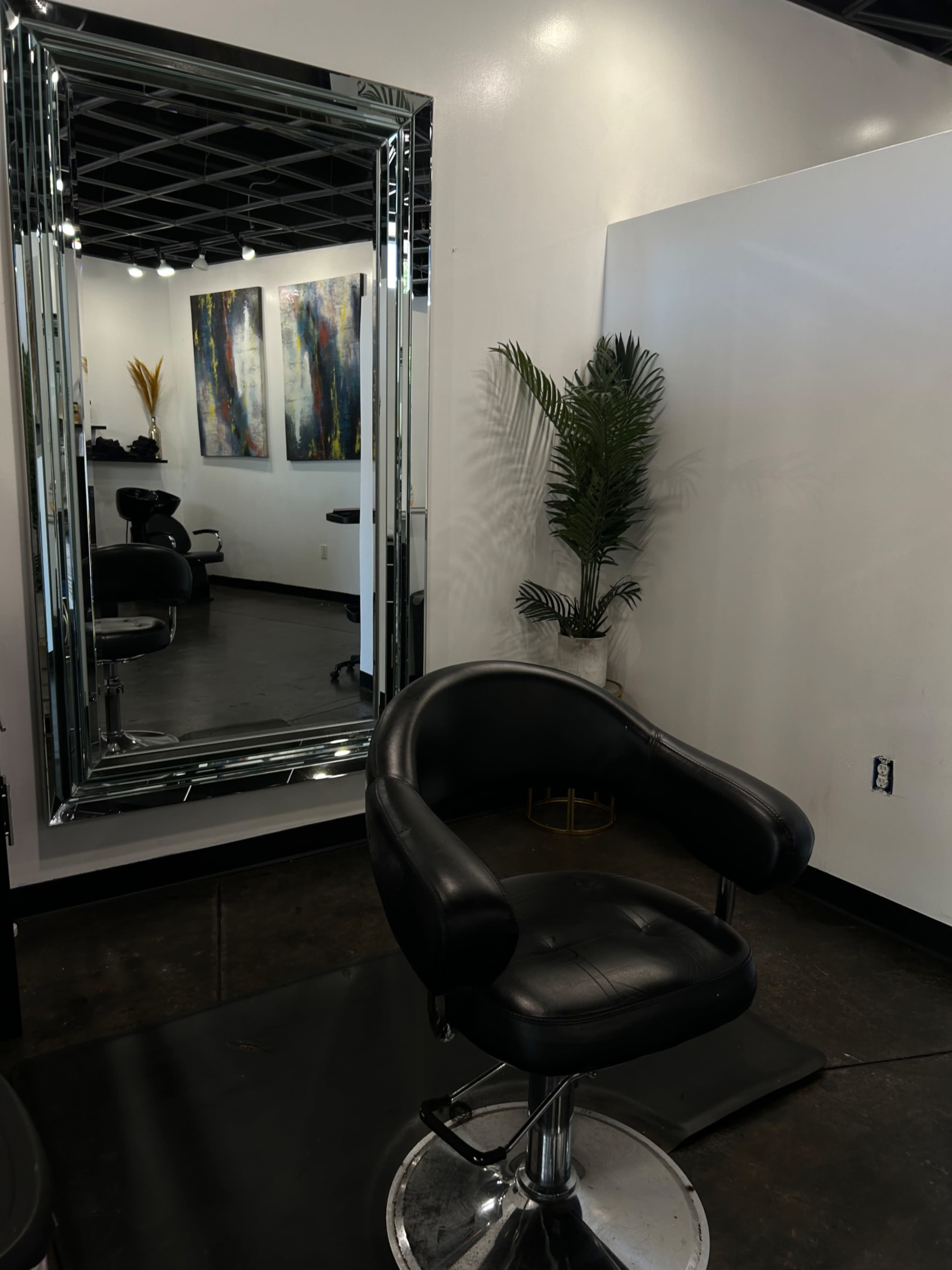 A black salon chair positioned in front of a large, mirrored wall with a potted plant nearby.