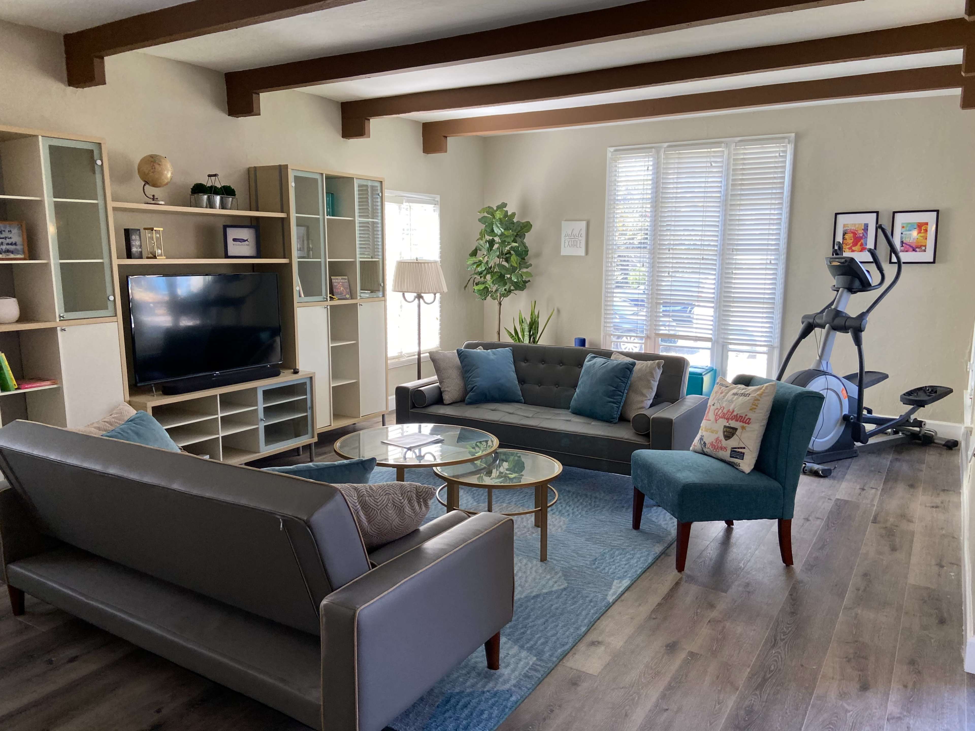 The living room features two sofas, a glass coffee table, a television on a shelf, and an exercise bike, with large windows allowing natural light to enter.